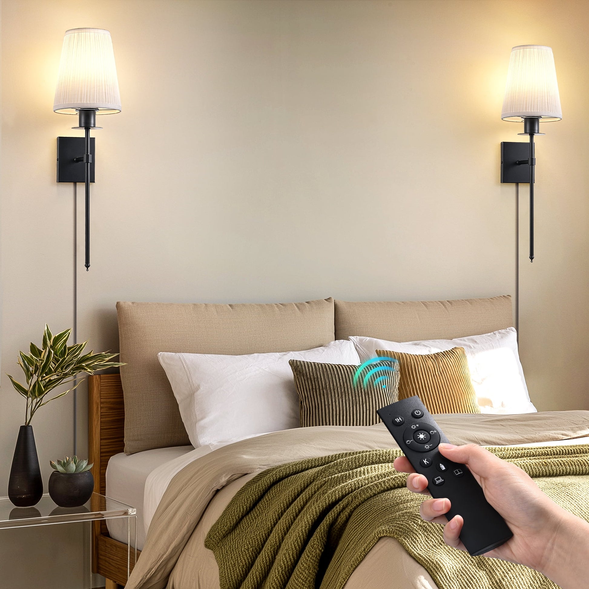EDISHINE Set of 2 Dimmable Indoor Wall Sconces With Remote Control, Modern Wall Lights for Bedroom Living Room, Bulbs Included