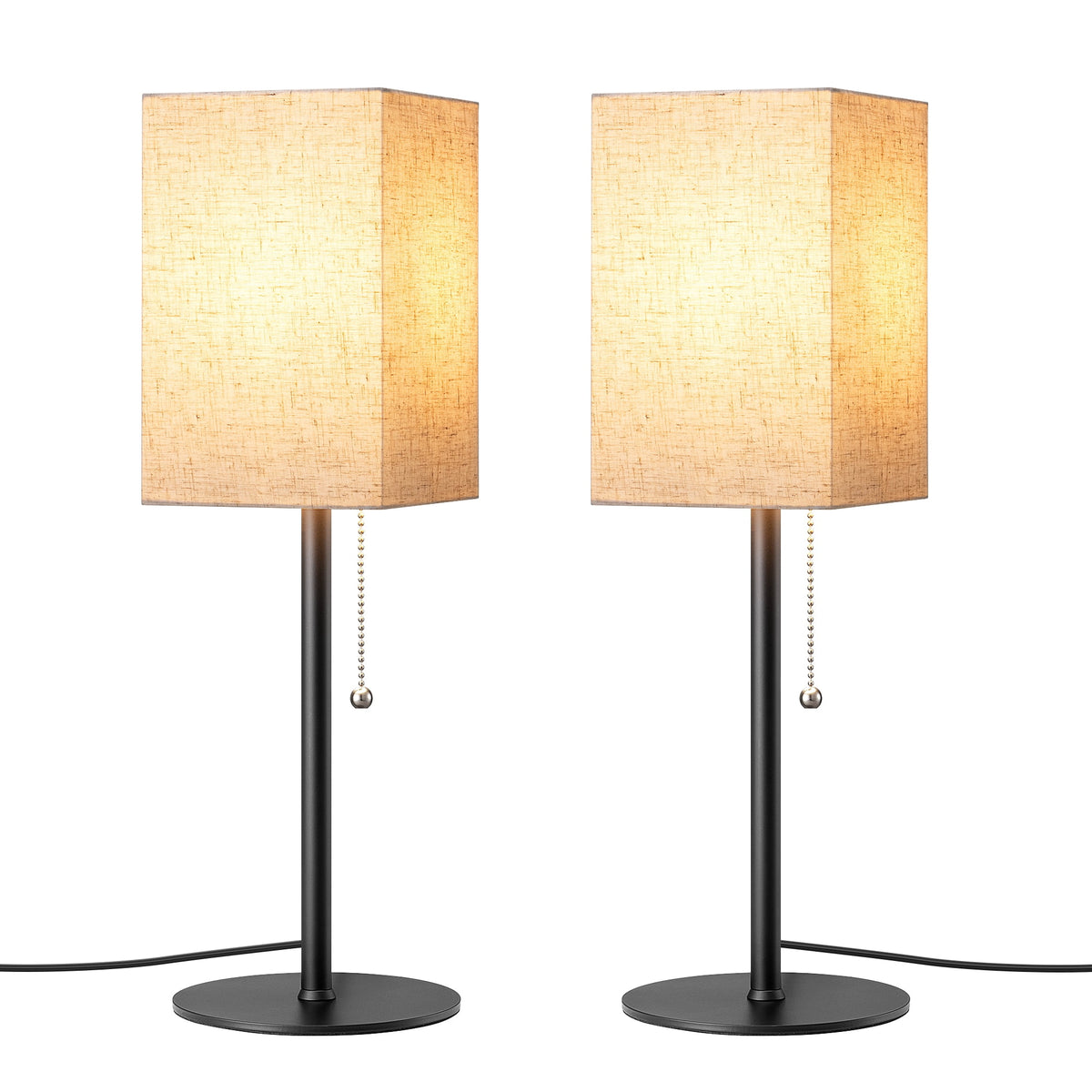 EDISHINE 19" Modern Table Lamp, Rectangular Lampshade, Set of 2, Pull Chain Switch, Nightstand Lamp for Living Room Bedroom