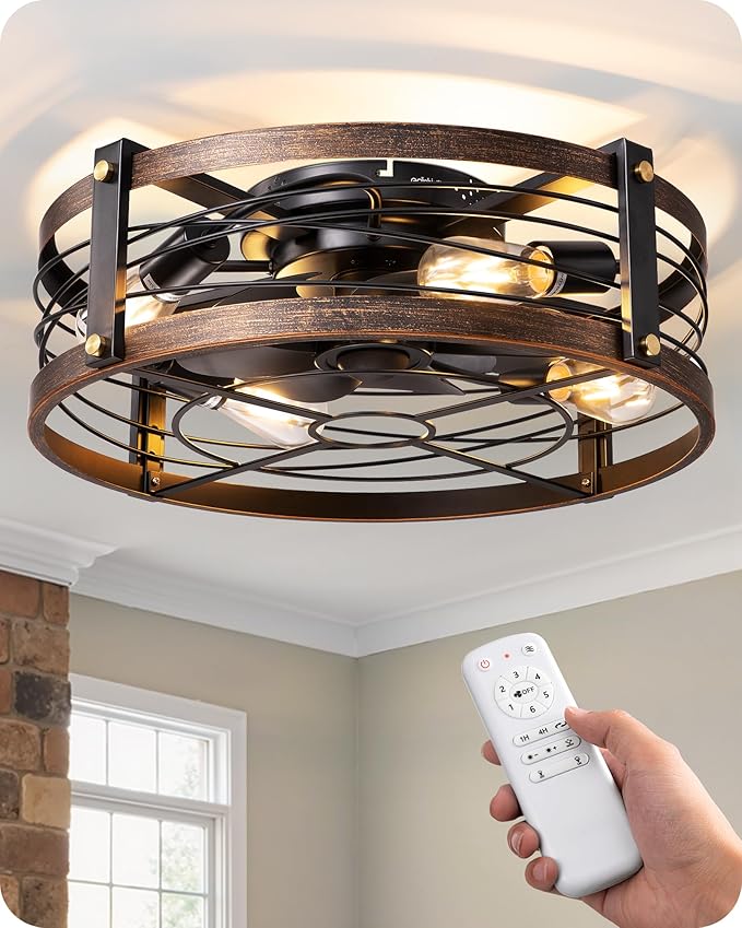 EDISHINE 21" Pre-Assembled Ceiling Fans with Lights Flush Mount, 10%-100% Dimmable, Rustic Low Profile Caged Ceiling Fan with Remote, Small Farmhouse Fan Light Ceiling for Kitchen Bedroom Brushed Gold