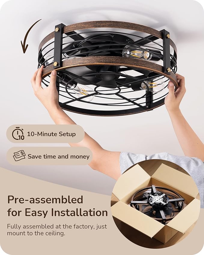 EDISHINE 21" Pre-Assembled Ceiling Fans with Lights Flush Mount, 10%-100% Dimmable, Rustic Low Profile Caged Ceiling Fan with Remote, Small Farmhouse Fan Light Ceiling for Kitchen Bedroom Brushed Gold
