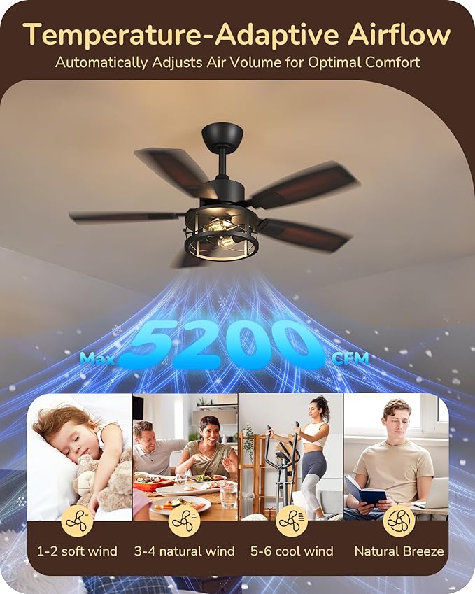 EDISHINE 42" Farmhouse Ceiling Fans with Lights and Remote, 10%-100% Dimmable, Reversible DC Motor, 6 Speed, 5 Wooden Blades, Timer, Rustic Caged Fandelier Ceiling Fan for Living Room, Bedroom