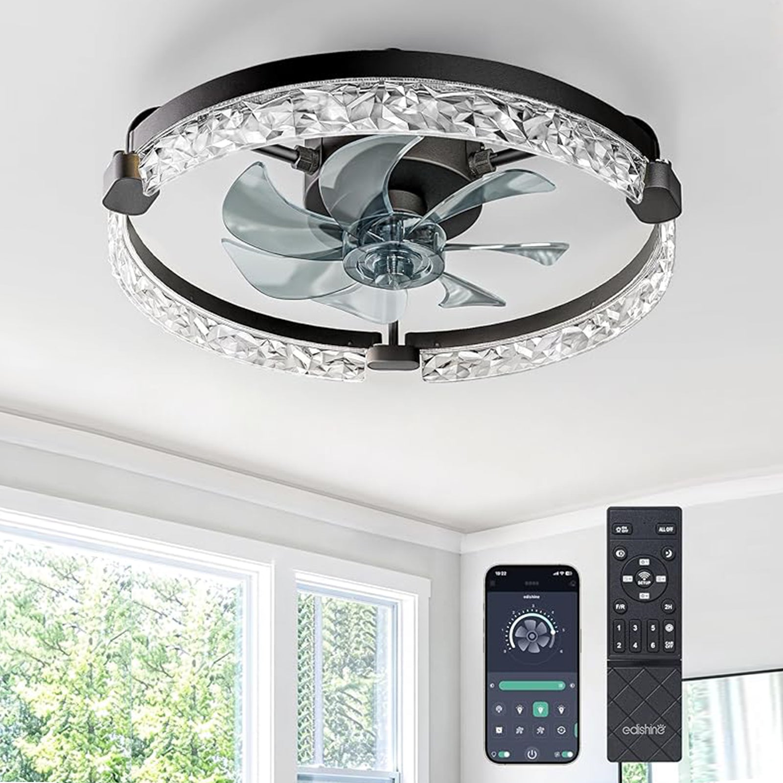 EDISHINE Ceiling Fans with Lights and Remote, 20'' Low Profile Ceiling Fan, 3000-6000K Dimmable, 6 Speeds LED Modern Flush Mount Fan Light, DC Motor, APP Control, Black Fandelier for Bedroom, Kitchen