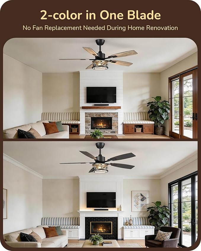 EDISHINE 52" Farmhouse Ceiling Fans with Lights and Remote, 10%-100% Dimmable, 6 Speeds, 5 Wood Blades, Reversible DC Motor, Timer, Quiet, Rustic Caged Fandelier Ceiling Fan for Bedroom Living Room