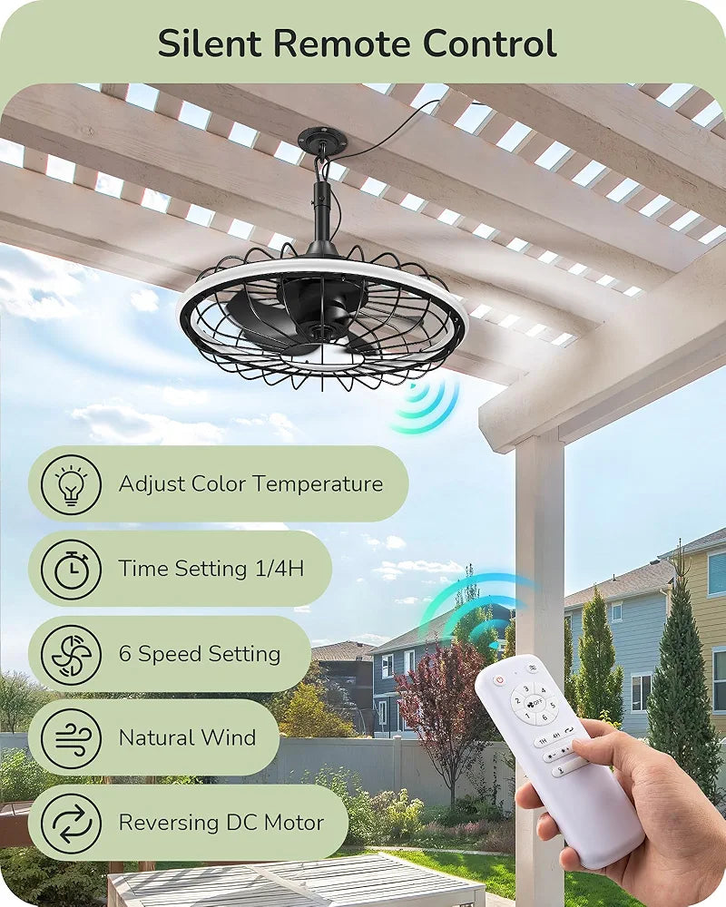 EDISHINE 20" Outdoor Ceiling Fan with Light, 3CCT Dimmable Waterproof Caged Fan Remote, 5 Blades 6 Wind Speeds Reversible DC Motor, Plug in Hanging Hook Quiet Gazebo Fans for Patios, Porch, Pergola