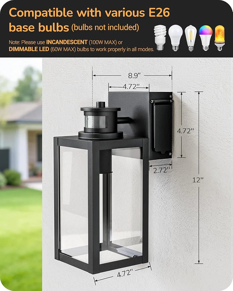 EDISHINE Black Motion Sensor Dusk to Dawn Outdoor Wall Light with Outlet