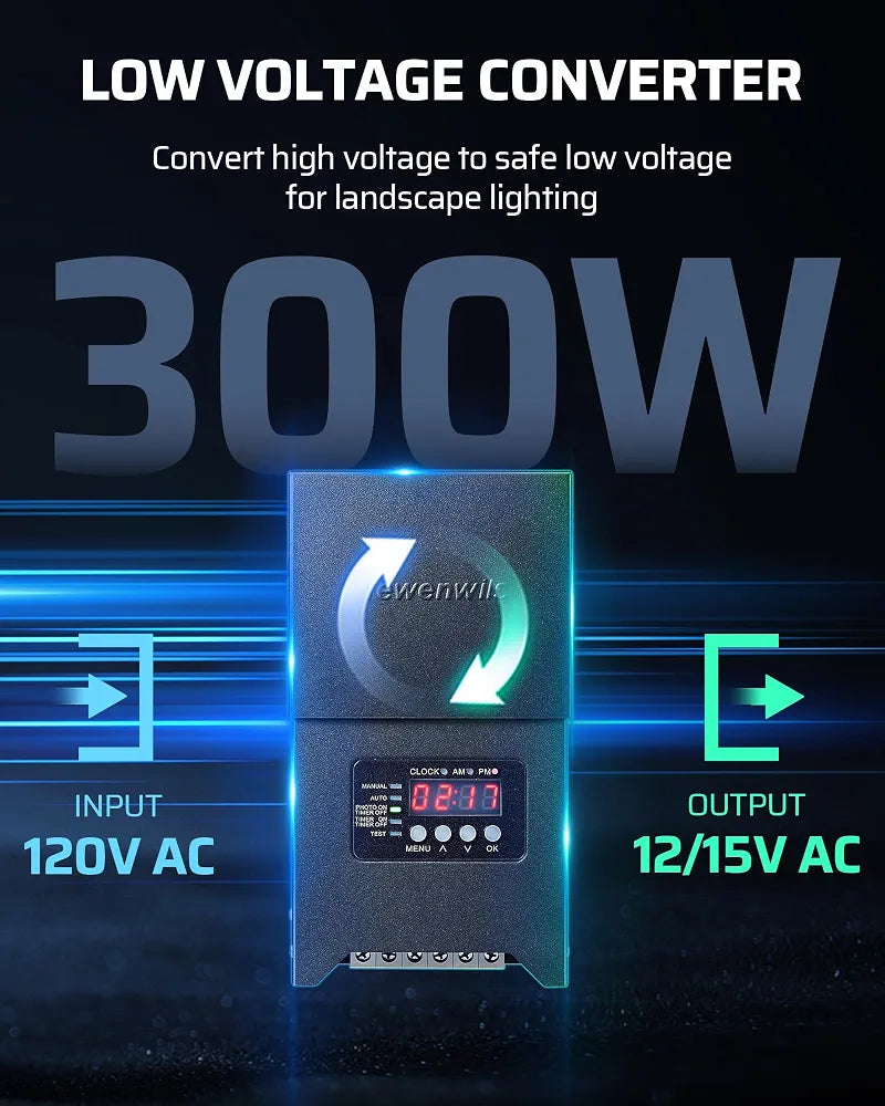 DEWENWILS 300W Low Voltage Transformer with Photocell Sensor & Timer, Metal