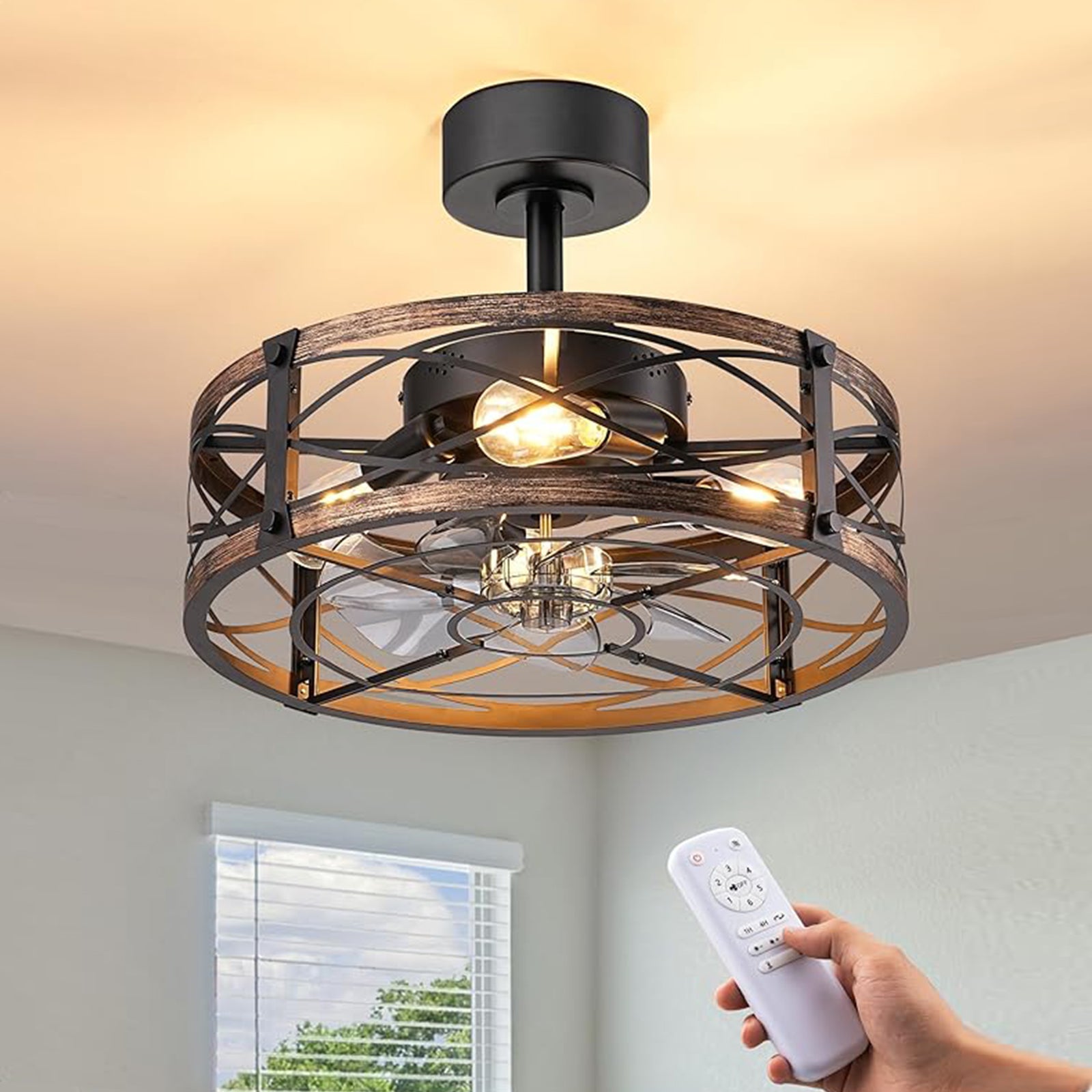 20" Caged Ceiling Fans with Lights and Remote (Brushed Gold)