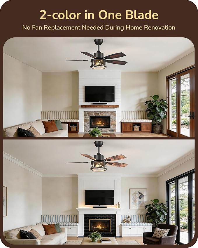 EDISHINE 42" Farmhouse Ceiling Fans with Lights and Remote, 10%-100% Dimmable, Reversible DC Motor, 6 Speed, 5 Wooden Blades, Timer, Rustic Caged Fandelier Ceiling Fan for Living Room, Bedroom