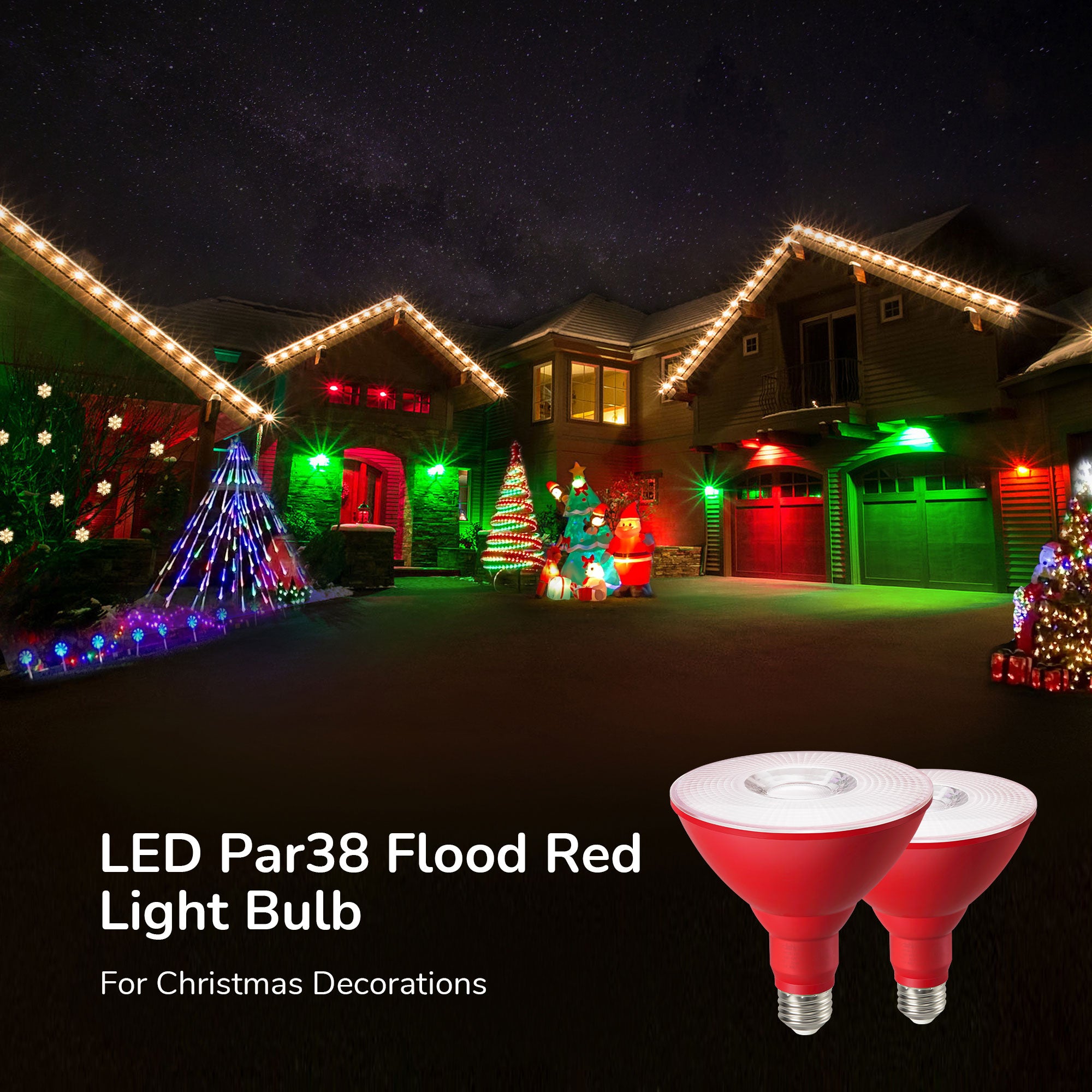 EDISHINE 2 Pack Par38 LED Flood Red Christmas Outdoor Light Bulb, 18W Equivalent 120W,E26 Base, Dimmable, UL Listed