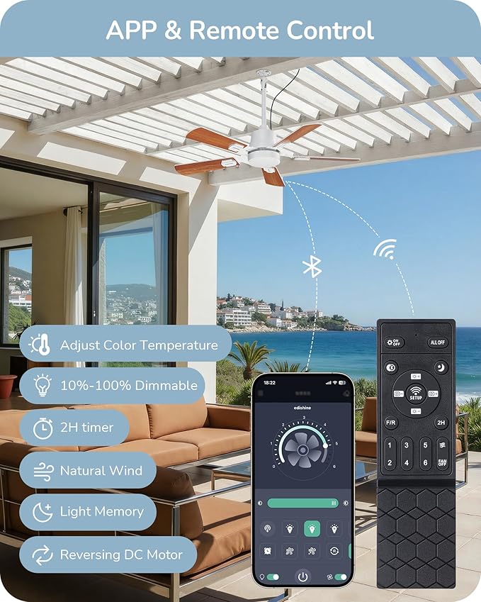 EDISHINE 42" Outdoor Ceiling Fan with Light, IP66 Waterproof Gazebo Hanging Fan, 4800 CFM, 3CCT, APP/Remote Control, 5 Wood Blade, 6-Speed Winds, Plug in Ceiling Fans for Patios Porch Pergola, White