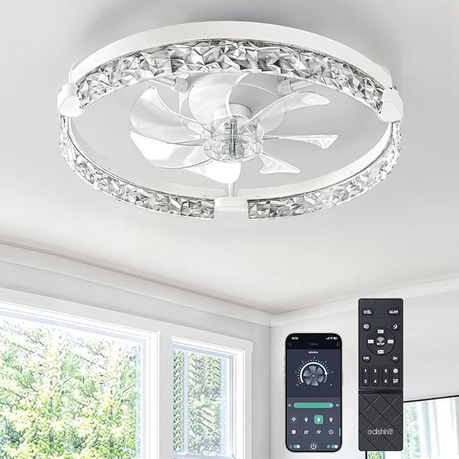 EDISHINE 20'' Ceiling Fans with Lights and Remote, Low Profile Flush Mount Fandelier, 3000-6000K Dimmable, 6 Speeds, DC Motor, LED Modern Bladeless Fan Light for Bedroom, Living Room, White