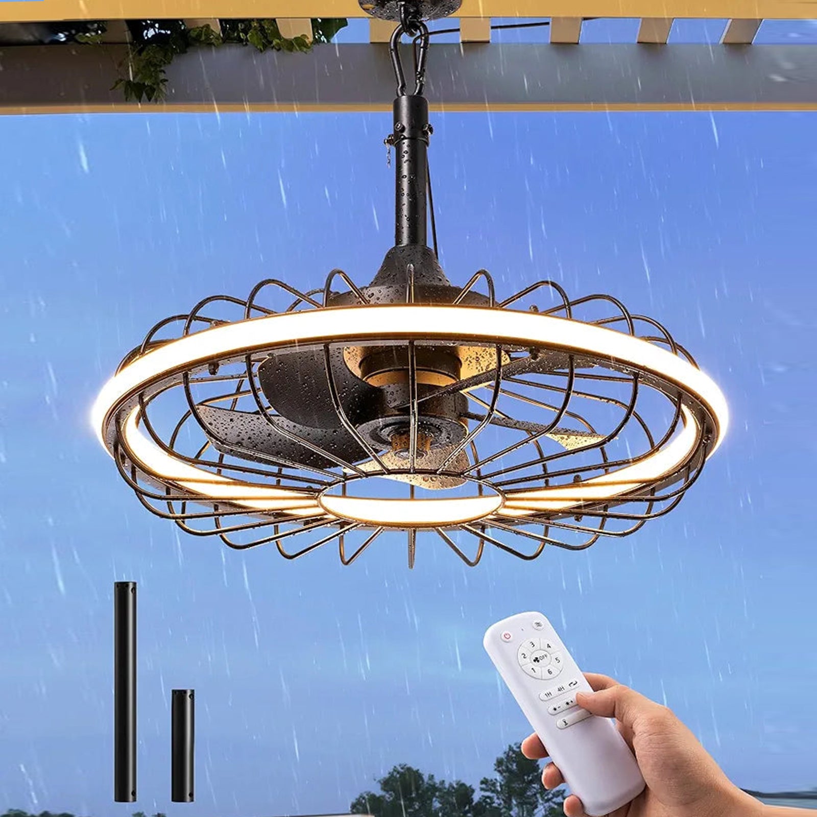 EDISHINE 20" Outdoor Ceiling Fan with Light, 3CCT Dimmable Waterproof Caged Fan Remote, 5 Blades 6 Wind Speeds Reversible DC Motor, Plug in Hanging Hook Quiet Gazebo Fans for Patios, Porch, Pergola - HCFM07A