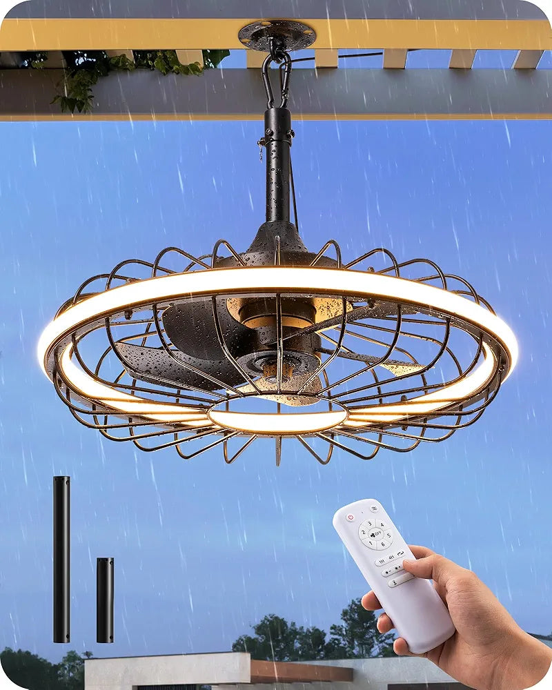 EDISHINE 20" Outdoor Ceiling Fan with Light, 3CCT Dimmable Waterproof Caged Fan Remote, 5 Blades 6 Wind Speeds Reversible DC Motor, Plug in Hanging Hook Quiet Gazebo Fans for Patios, Porch, Pergola