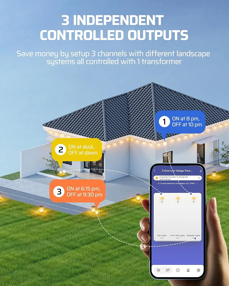 DEWENWILS Smart Low Voltage Landscape Transformer 300W, 3 Independent Outputs, 120V AC to 12V/14V AC, Landscape Lighting Transformer with Schedule & Timer, Compatible with Alexa & Google Assistant