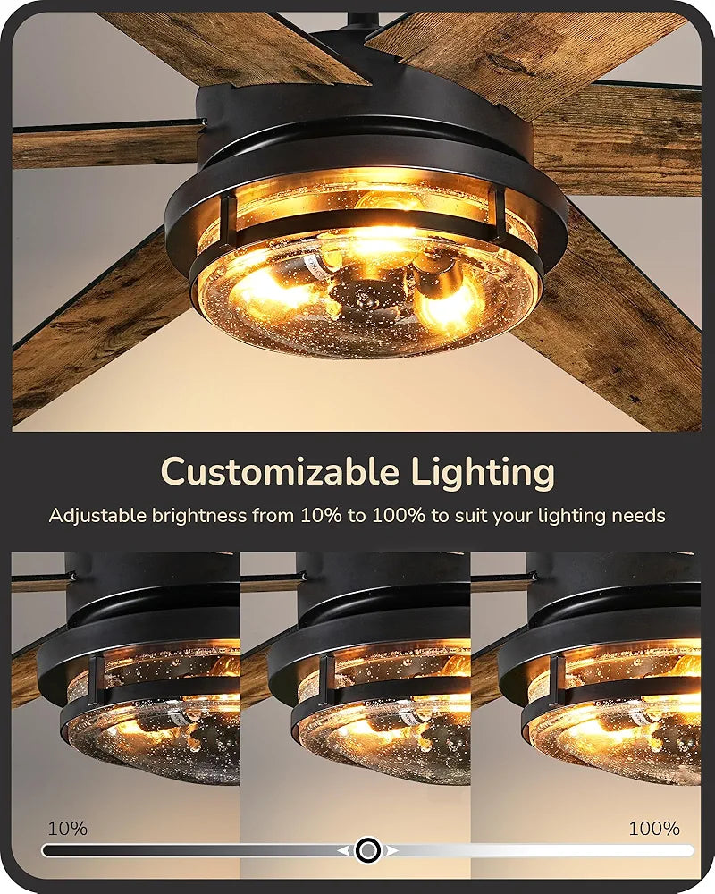 EDISHINE 70" Large Farmhouse Ceiling Fans with Lights and Remote, 8000CFM Indoor Black Ceiling Fan for Living Room Patio Office, Dimmable 6 Speed Reversible Quiet DC Motor, Dual Finish 6 Blades
