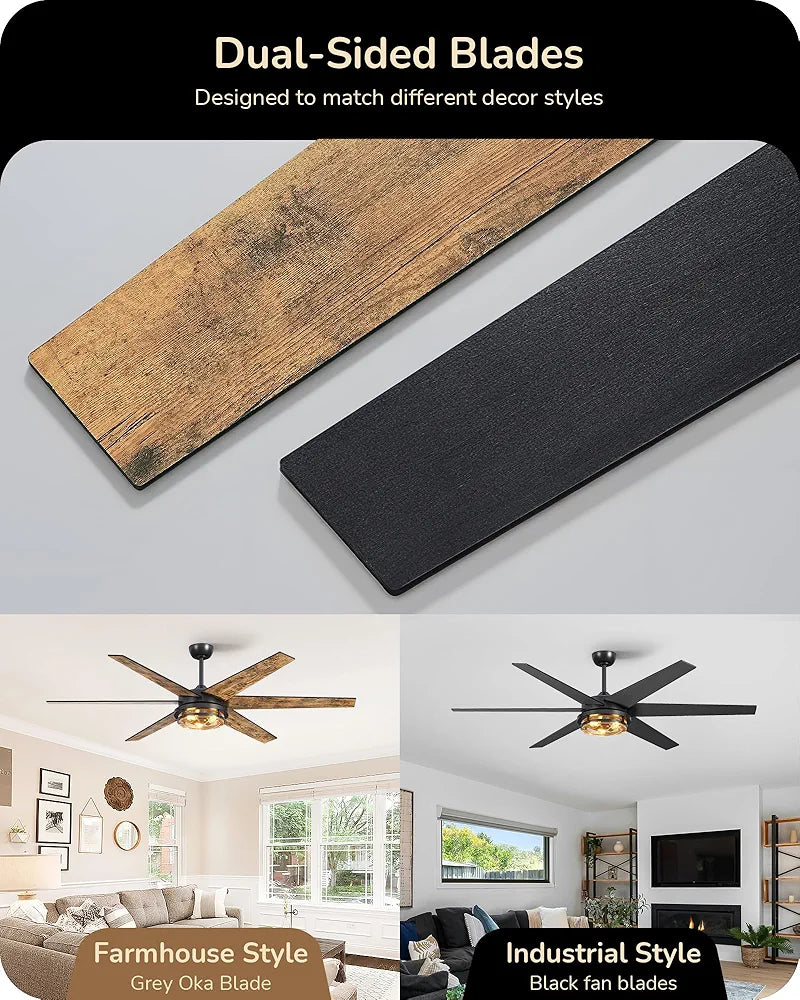 EDISHINE 70" Large Farmhouse Ceiling Fans with Lights and Remote, 8000CFM Indoor Black Ceiling Fan for Living Room Patio Office, Dimmable 6 Speed Reversible Quiet DC Motor, Dual Finish 6 Blades