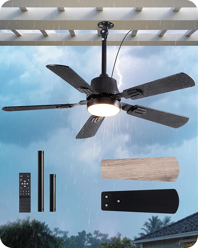 EDISHINE 42" Outdoor Ceiling Fan with Light, IP66 Waterproof Gazebo Hanging Fan, 4800 CFM, 3CCT, APP/Remote Control, 5 Wood Blade, 6-Speed Winds, Plug in Ceiling Fans for Patios Porch Pergola, Black