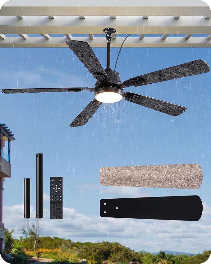 EDISHINE 52" Outdoor Ceiling Fan with Light, IP66 Waterproof Gazebo Hanging Fan, 5200 CFM, 3CCT, APP/Remote Control, 5 Wood Blade, 6-Speed Winds, Plug in Ceiling Fans for Patios Porch Pergola, Black