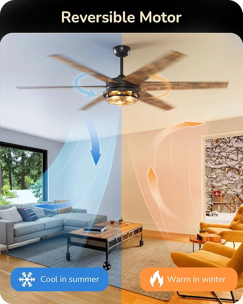 EDISHINE 70" Large Farmhouse Ceiling Fans with Lights and Remote, 8000CFM Indoor Black Ceiling Fan for Living Room Patio Office, Dimmable 6 Speed Reversible Quiet DC Motor, Dual Finish 6 Blades