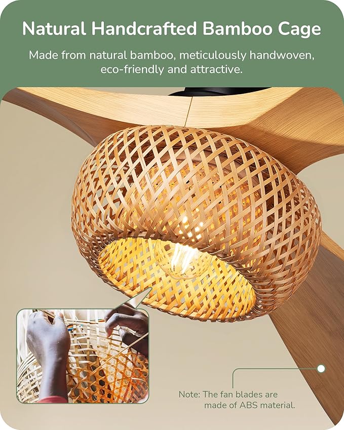 EDISHINE 42“ Boho Chic Ceiling Fans with Lights, Bamboo Cage, 3-ABS Blades, 10%-100% Dimmable, Timer, Remote Control, 6 Speeds, Indoor Quite Rattan Fan Ceiling for Living Room, Bedroom, Dining Room
