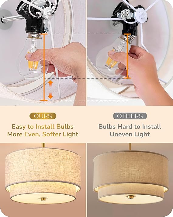 EDISHINE 12.6Inch Semi Flush Mount Ceiling Light, 3-Light Close to Ceiling Light Fixtures with Double Drum Linen Fabric Shade, Modern Mount Lamp for Bedroom Hallway Dining Room, Brushed Gold