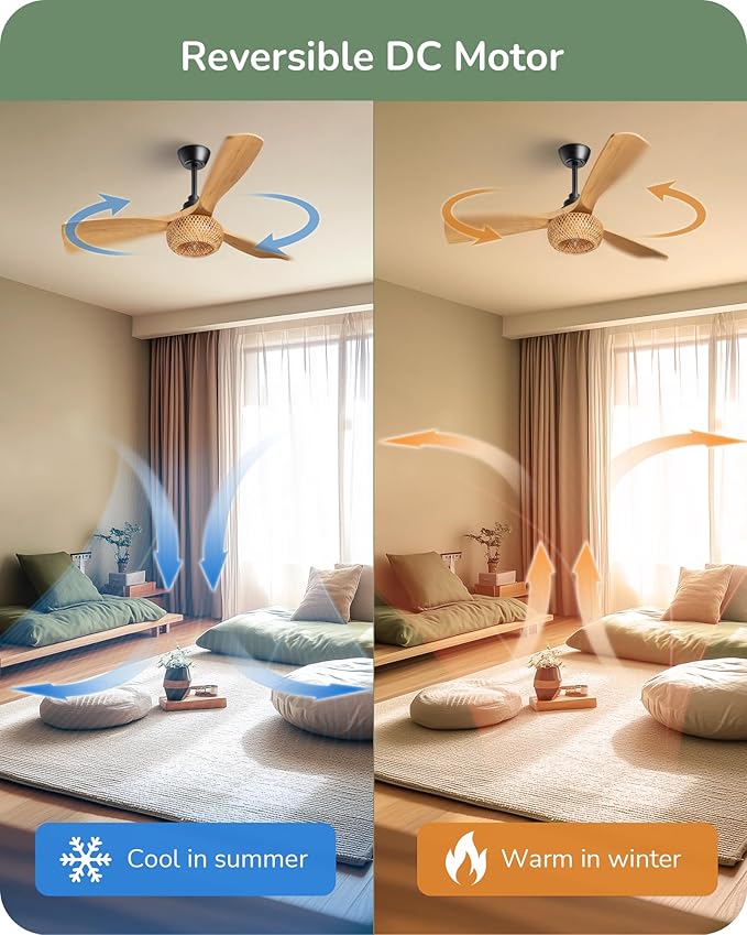 EDISHINE 42“ Boho Chic Ceiling Fans with Lights, Bamboo Cage, 3-ABS Blades, 10%-100% Dimmable, Timer, Remote Control, 6 Speeds, Indoor Quite Rattan Fan Ceiling for Living Room, Bedroom, Dining Room