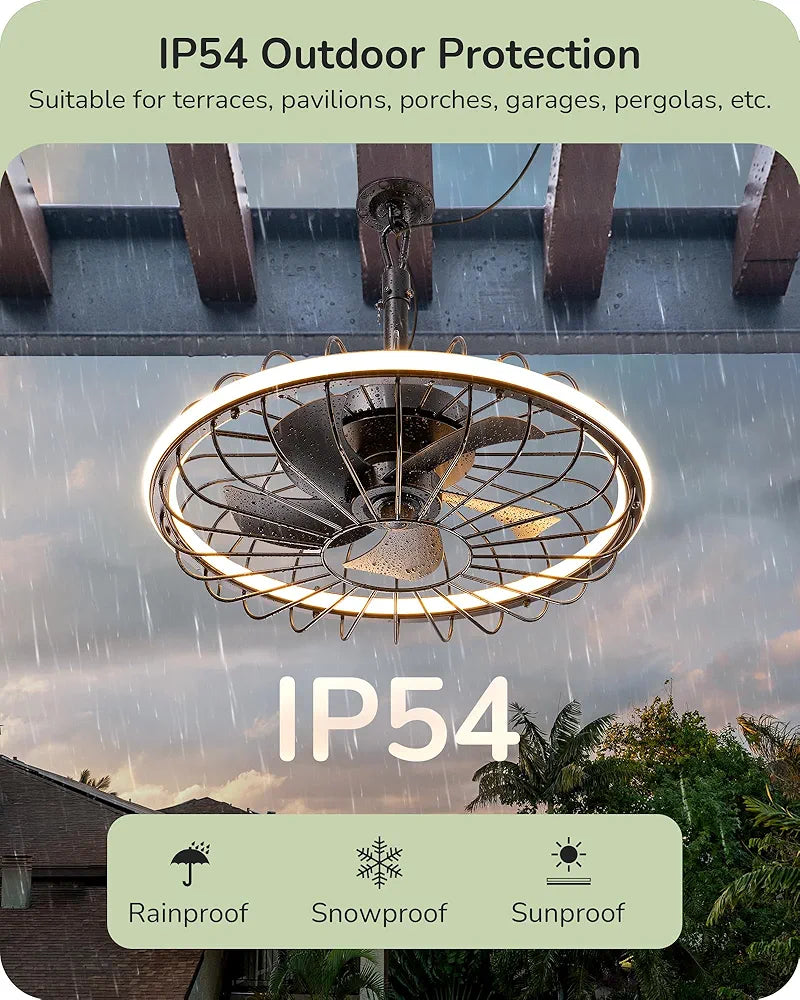 EDISHINE 20" Outdoor Ceiling Fan with Light, 3CCT Dimmable Waterproof Caged Fan Remote, 5 Blades 6 Wind Speeds Reversible DC Motor, Plug in Hanging Hook Quiet Gazebo Fans for Patios, Porch, Pergola