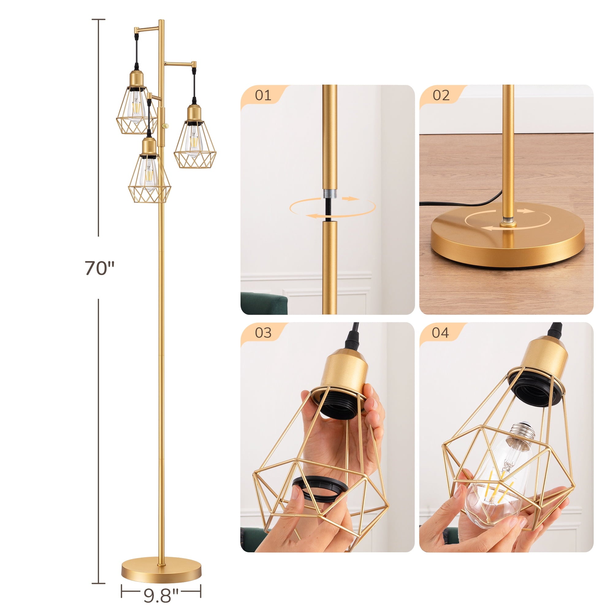 EDISHINE 70IN Farmhouse Industrial Floor Lamps for Living Room, Dimmable, Metal Standing Tree Lamp for Bedroom, Office, Home Decor, Lighting, 3 LED Edison Bulbs Included, Gold