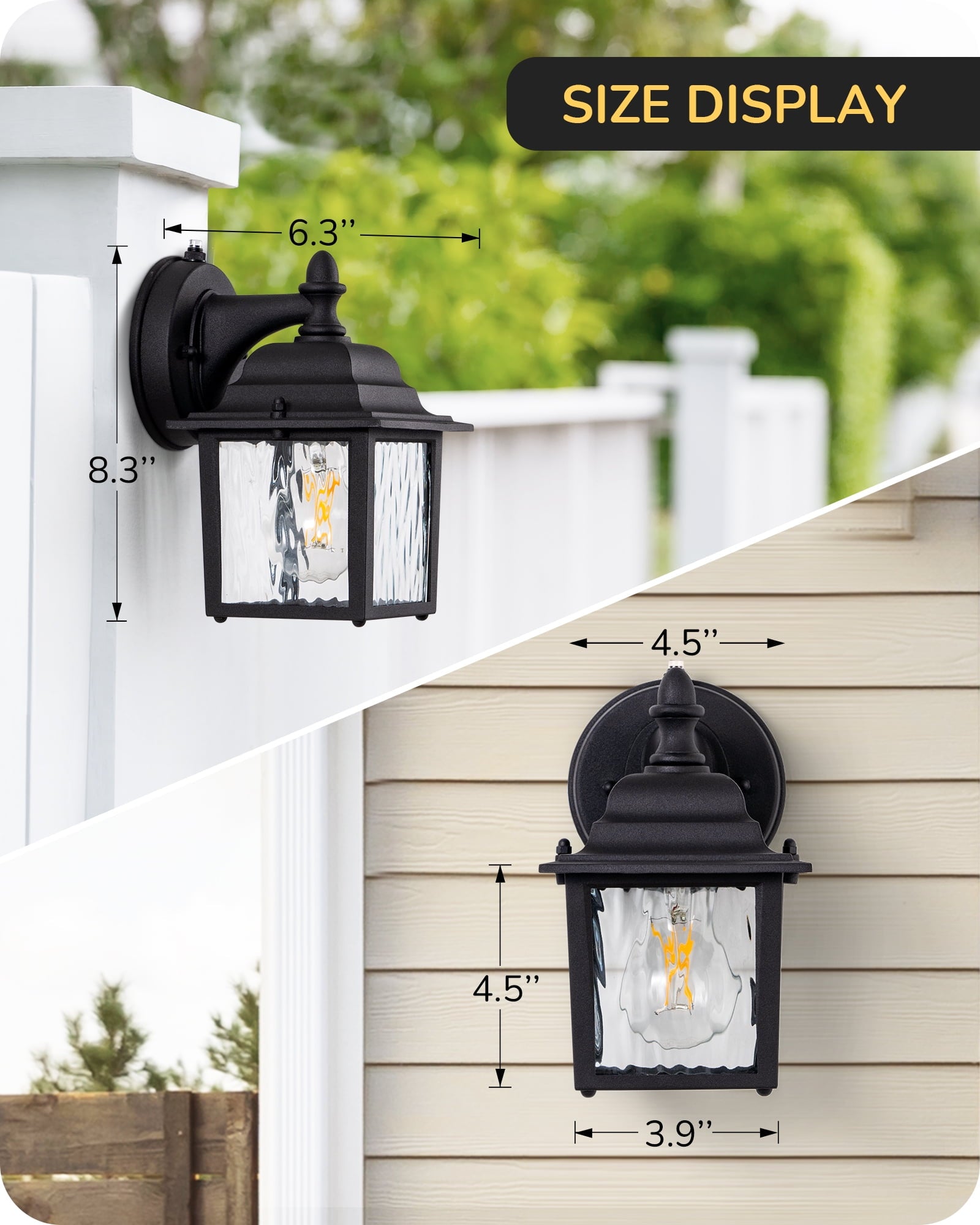 EDISHINE 2 Pack Outdoor Porch Light, Dusk to Dawn Exterior Lighting Fixtures, Modern Outdoor Wall Lights Fixture, Clear Water Ripple Glass, Anti-Rust Waterproof for Front Door Garage Patio, Black