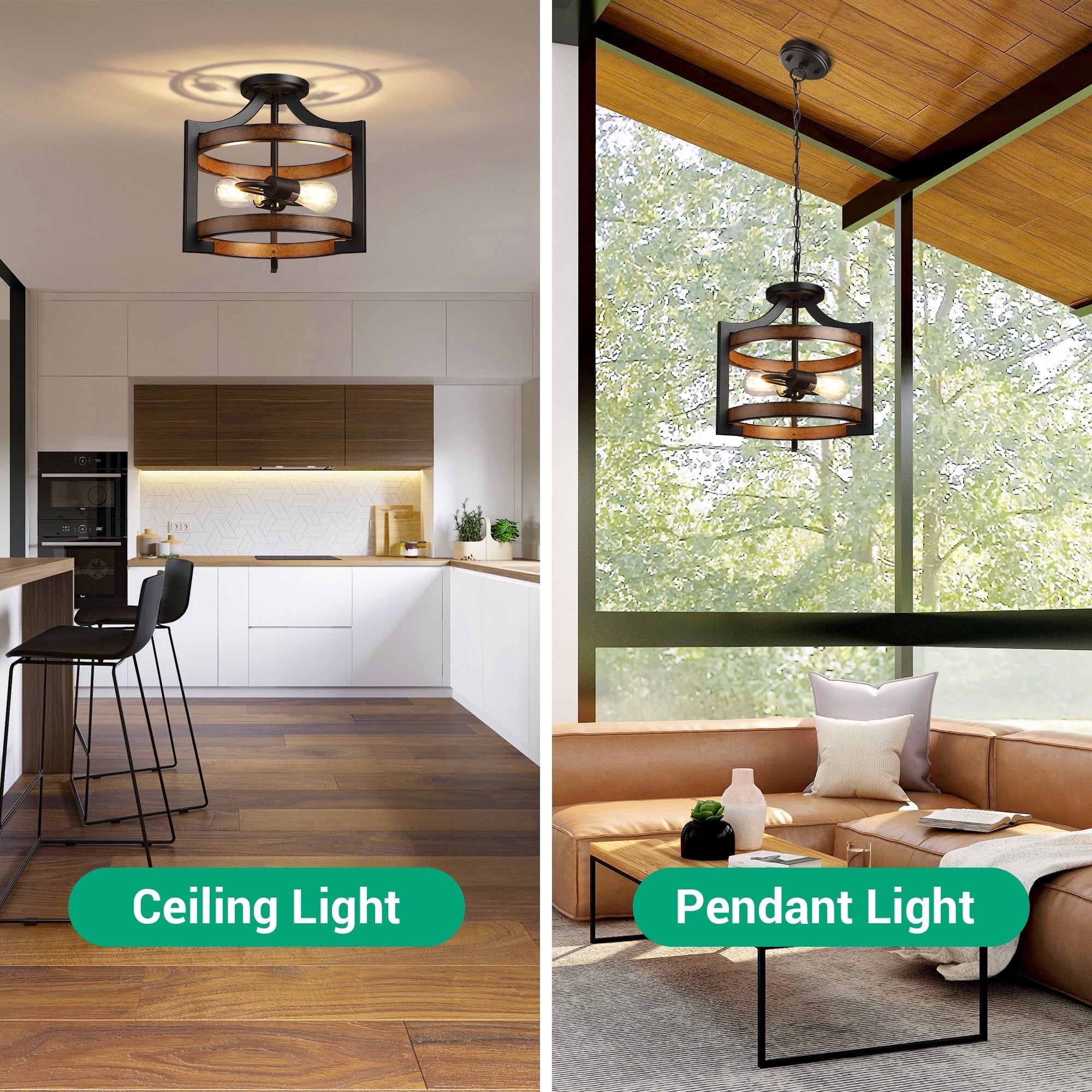 EDISHINE Ceiling Pendant Light, Farmhouse Ceiling Light Fixture, Metal Wood Grain Finish, 2-Light Pendant Light Fixtures for Hallway, Entryway, Foyer, Dining Room