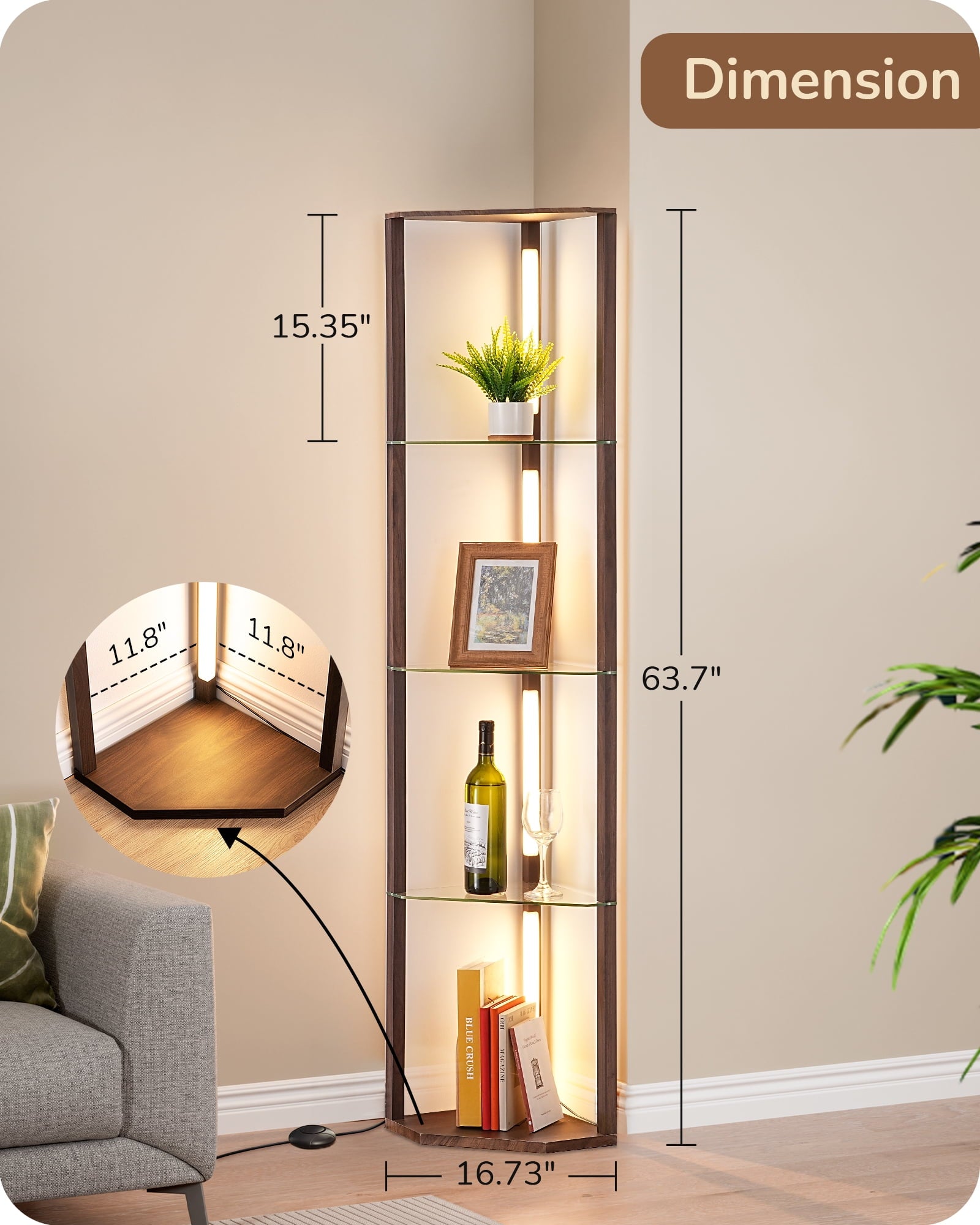 EDISHINE 63.7-Inch 4-Tier Modern Floor Lamps with Glass Shelves, Dimmable Standing Lamp with Remote/Foot Remote, Display Shelf Floor Lamp for Living Room, Bedroom，Open Display Cabinet