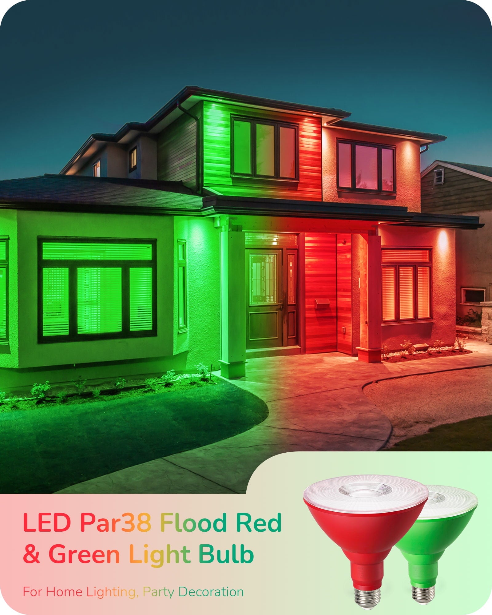 EDISHINE 2 Pack LED Par38 Flood Red Green Outdoor Christmas Light Bulbs, 18W (120W Equivalent), Dimmable, E26 Base Green Red LED Lights for Holiday Decor