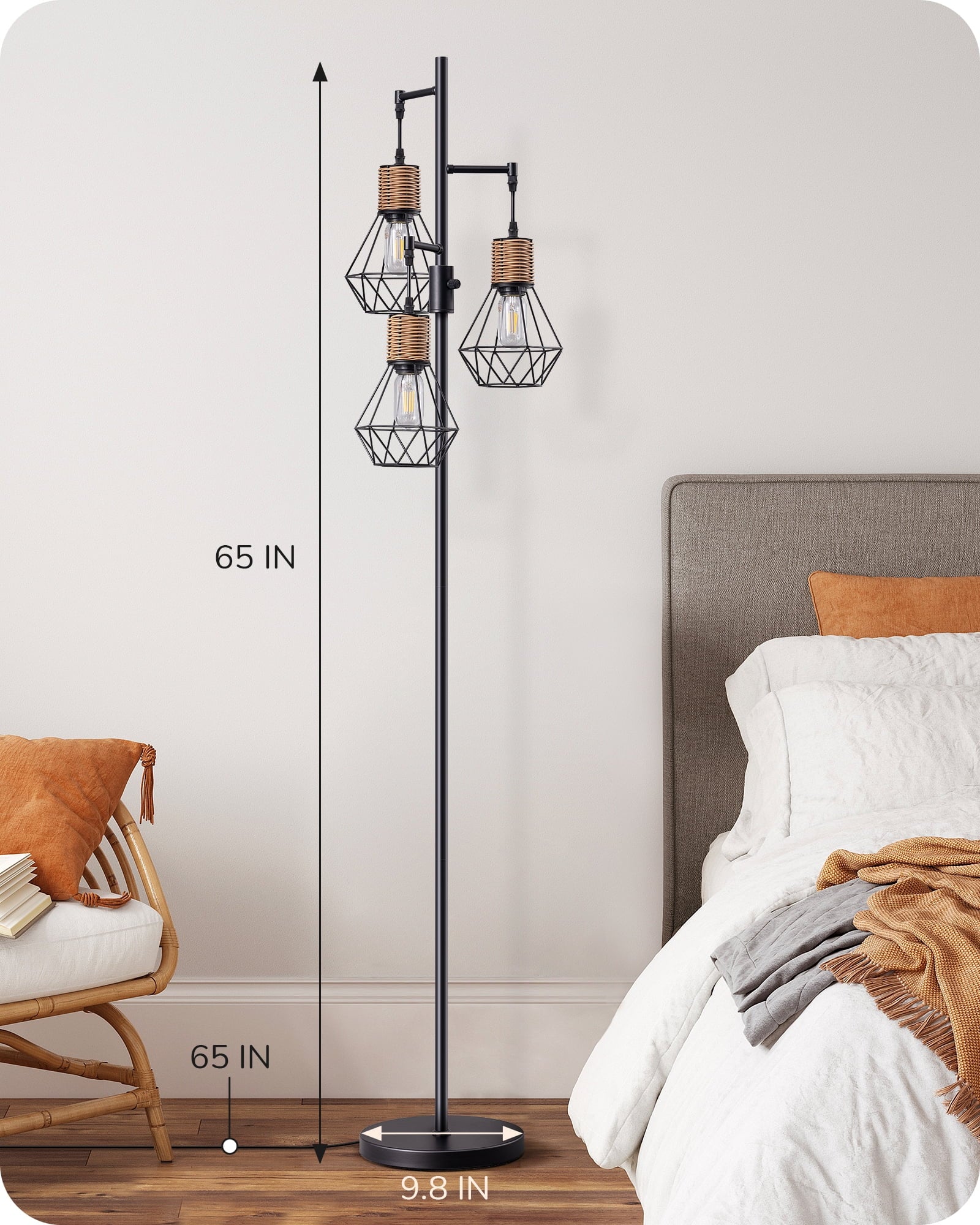 EDISHINE Industrial Rattan Floor Lamps for Living Room Clearance, Dimmable, Metal Three Head Floor Lamp for Bedroom, Office, Black, LED Bulbs Included