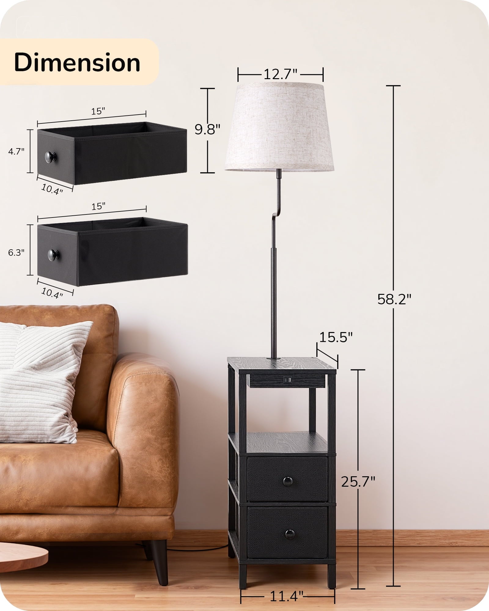 EDISHINE Floor Lamp with Table for Living Room, USB Charge, 62in Rustic Farmhouse Wooden Floor Lamps, Attached End Table with Lamp for Bedroom, Office, Read Lighting, Home Decor, Brown