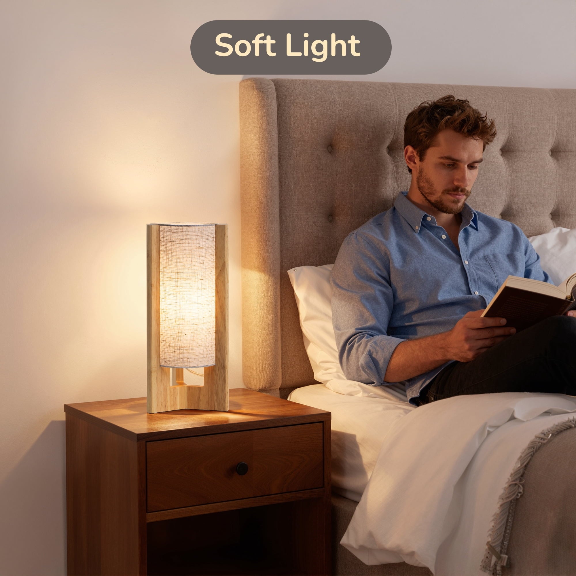 EDISHINE Table Lamp with Linen Shade, Modern Bedside Lamp for Livng Room, Wooden Nightstand Light, E26 Base (Bulbs Not Included), Natural Wood Color