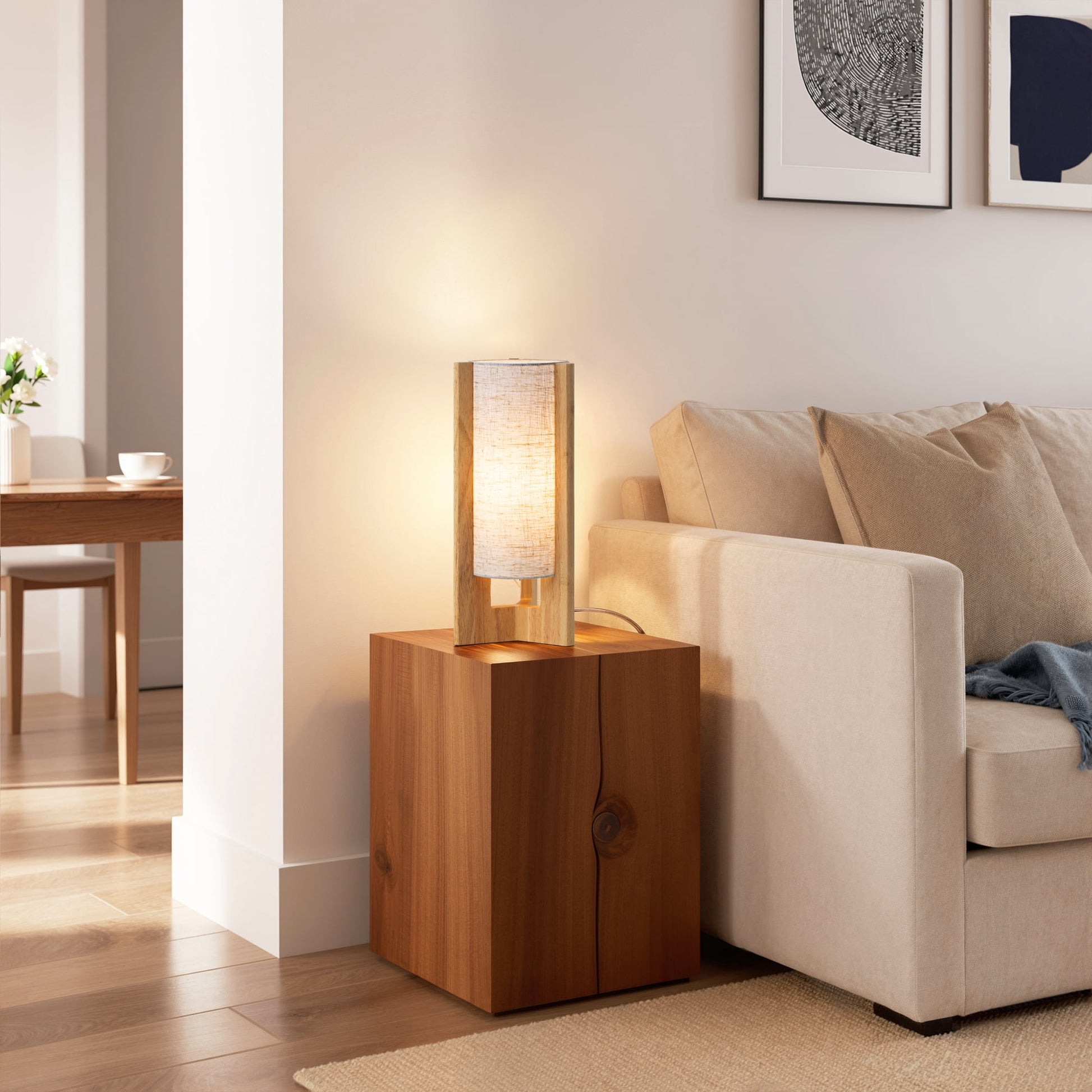 EDISHINE Table Lamp with Linen Shade, Modern Bedside Lamp for Livng Room, Wooden Nightstand Light, E26 Base (Bulbs Not Included), Natural Wood Color