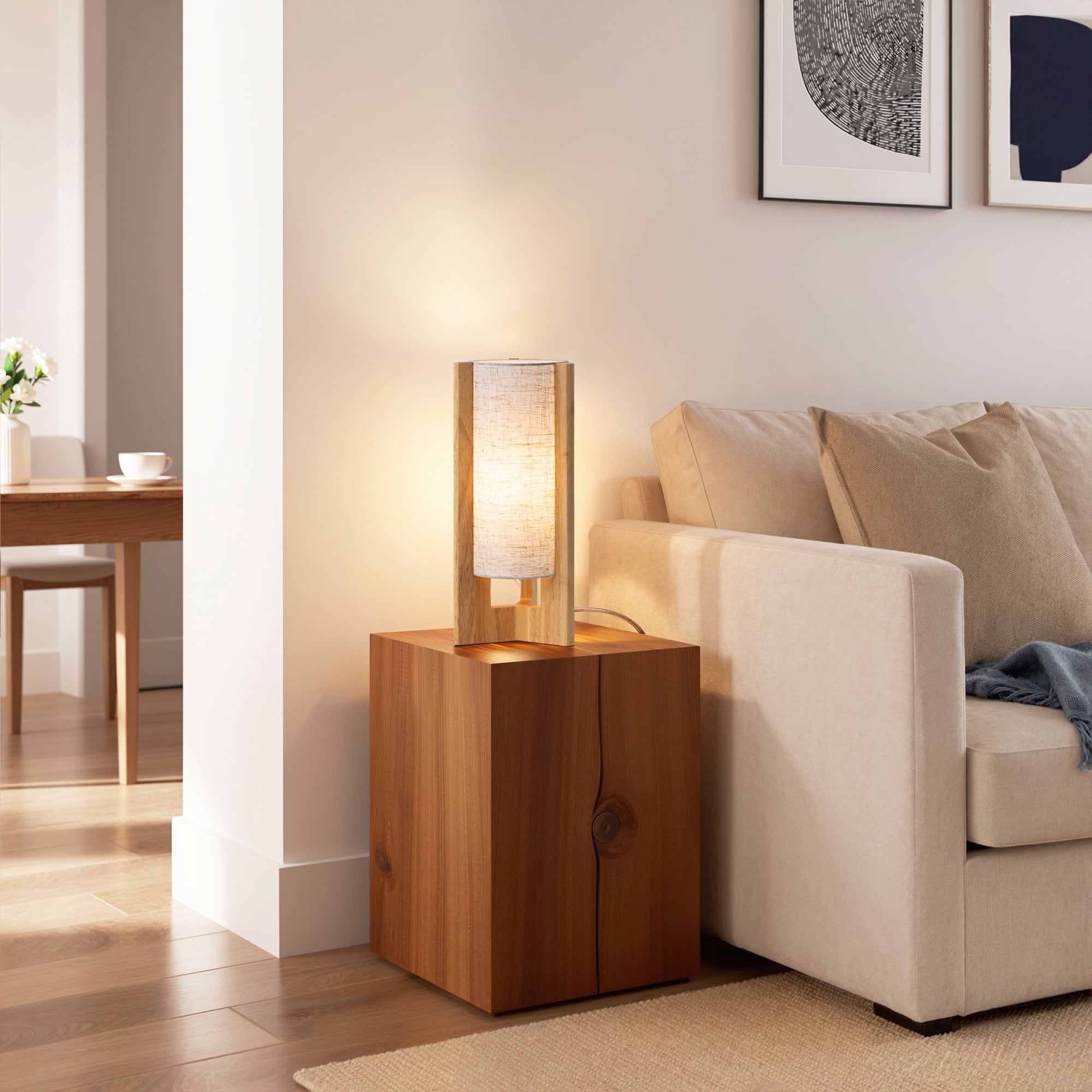 EDISHINE Table Lamp with Linen Shade, Modern Bedside Lamp for Livng Room, Wooden Nightstand Light, E26 Base (Bulbs Not Included), Natural Wood Color