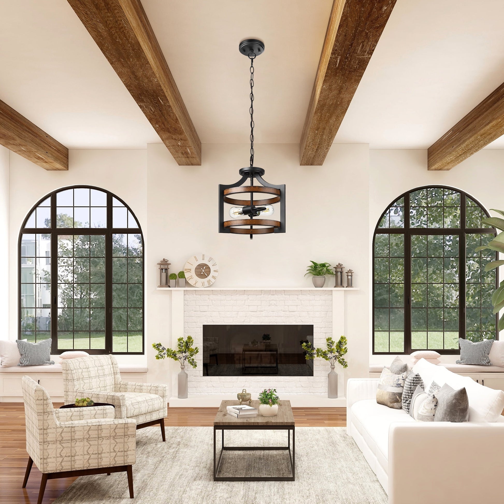 EDISHINE Ceiling Pendant Light, Farmhouse Ceiling Light Fixture, Metal Wood Grain Finish, 2-Light Pendant Light Fixtures for Hallway, Entryway, Foyer, Dining Room