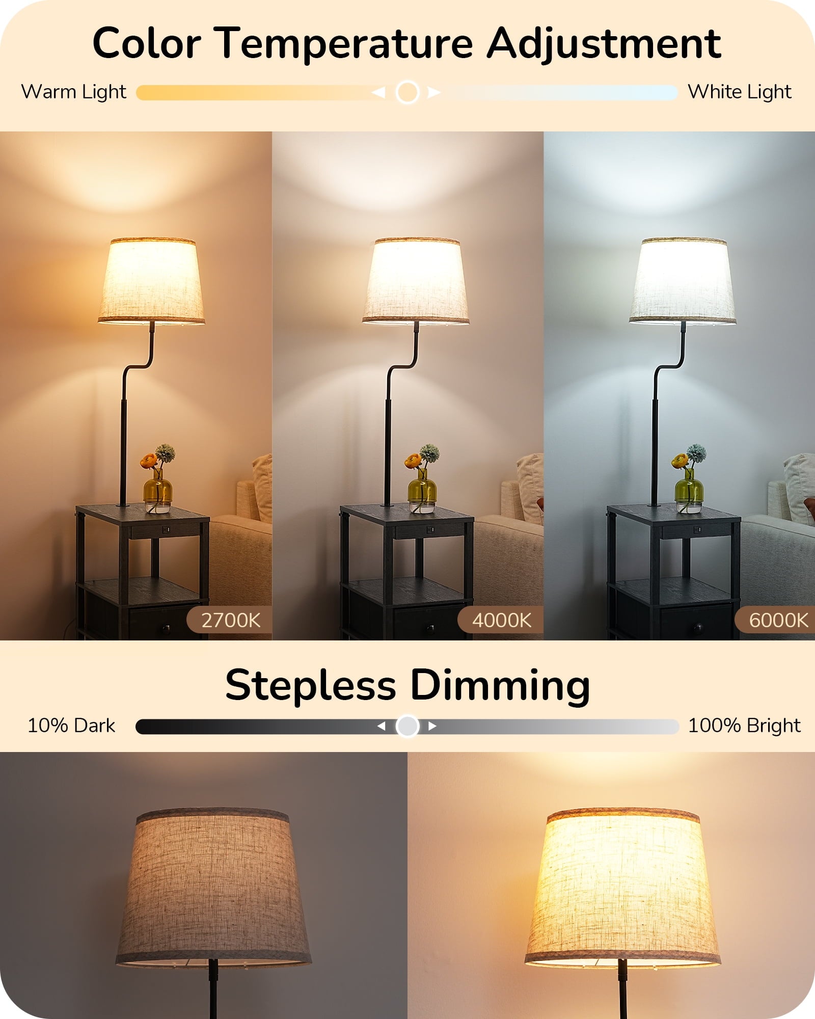 EDISHINE Floor Lamp with Table for Living Room, USB Charge, 62in Rustic Farmhouse Wooden Floor Lamps, Attached End Table with Lamp for Bedroom, Office, Read Lighting, Home Decor, Brown