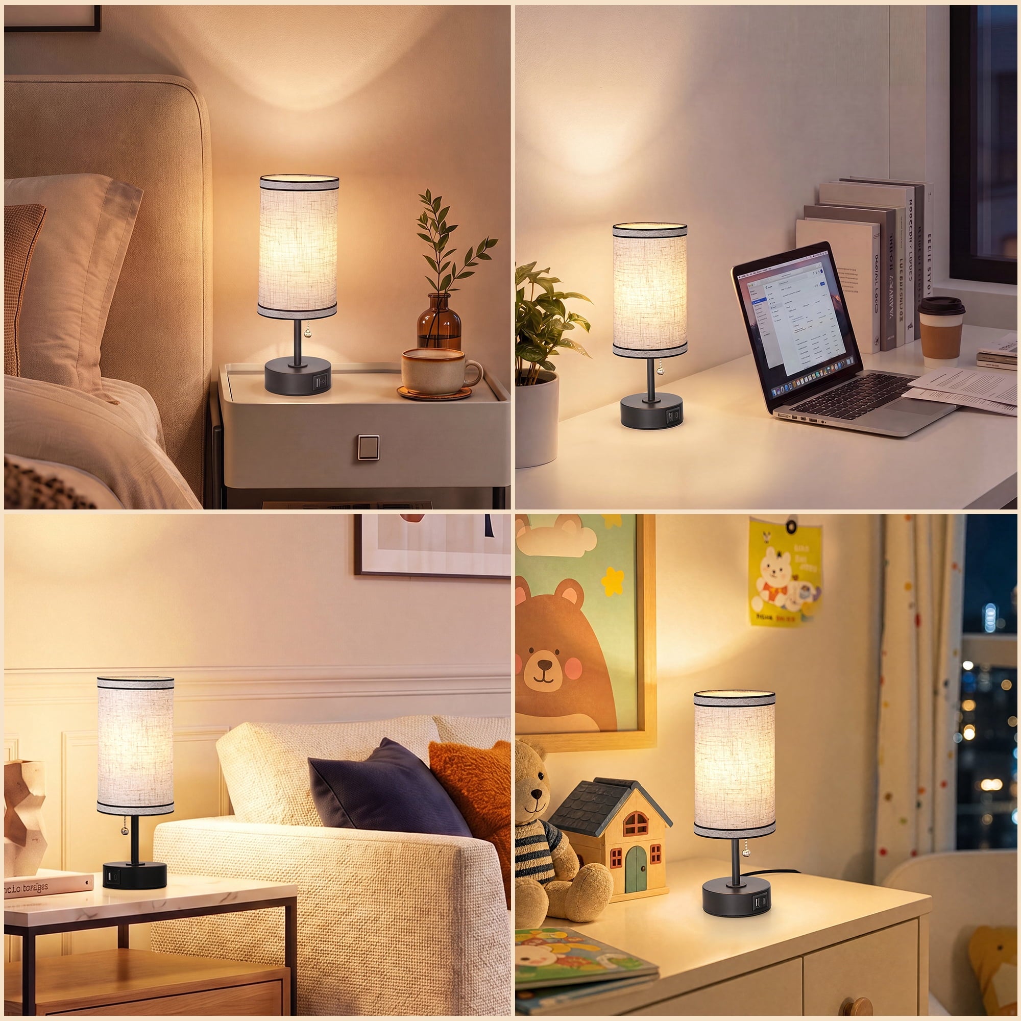 EDISHINE 2 Pack Table Lamps with USB A+C Charging Ports, Small Beside Lamps with Pull Chain Switch, for Bedroom Living Room, E26 Base, Bulbs Not Included