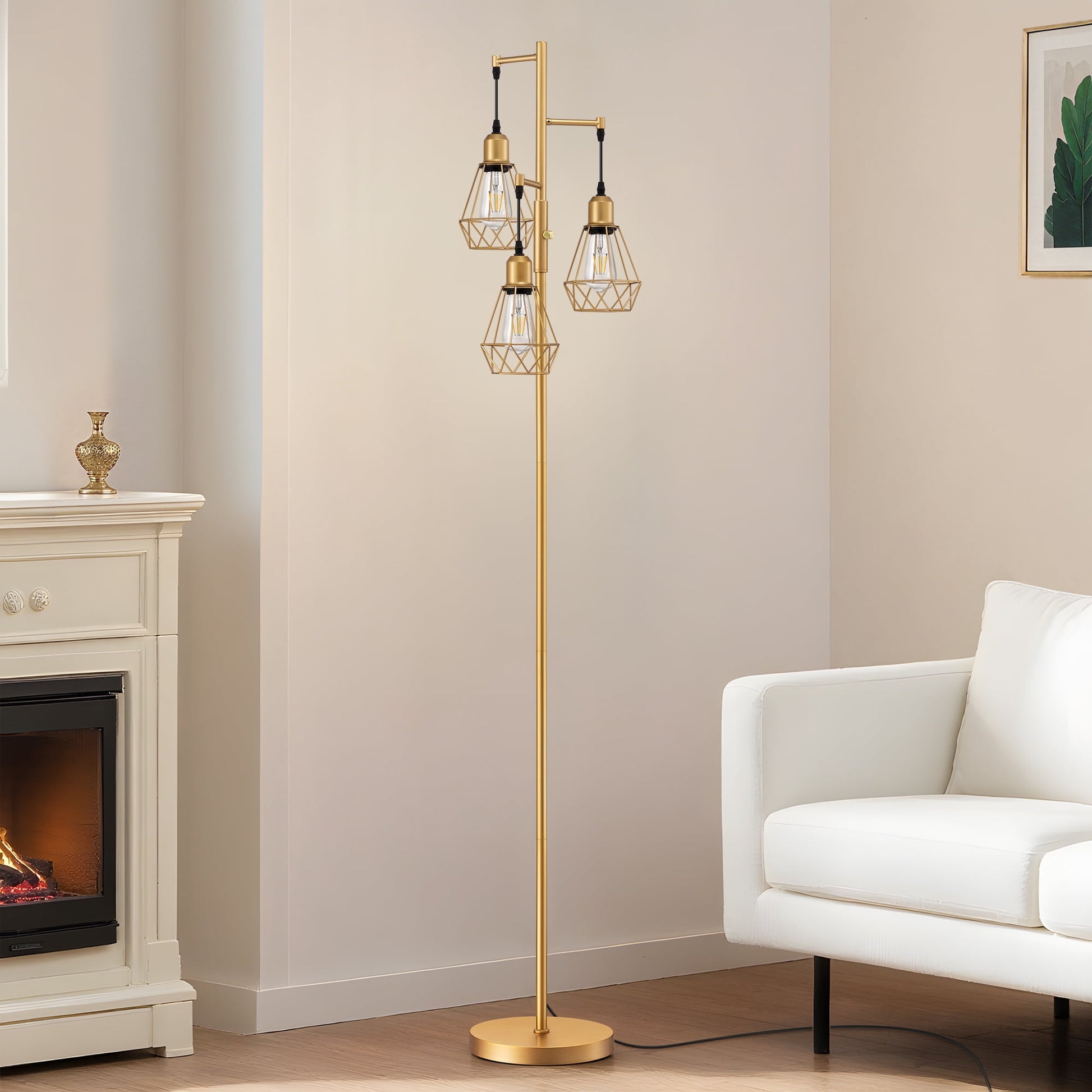 EDISHINE 70IN Farmhouse Industrial Floor Lamps for Living Room, Dimmable, Metal Standing Tree Lamp for Bedroom, Office, Home Decor, Lighting, 3 LED Edison Bulbs Included, Gold