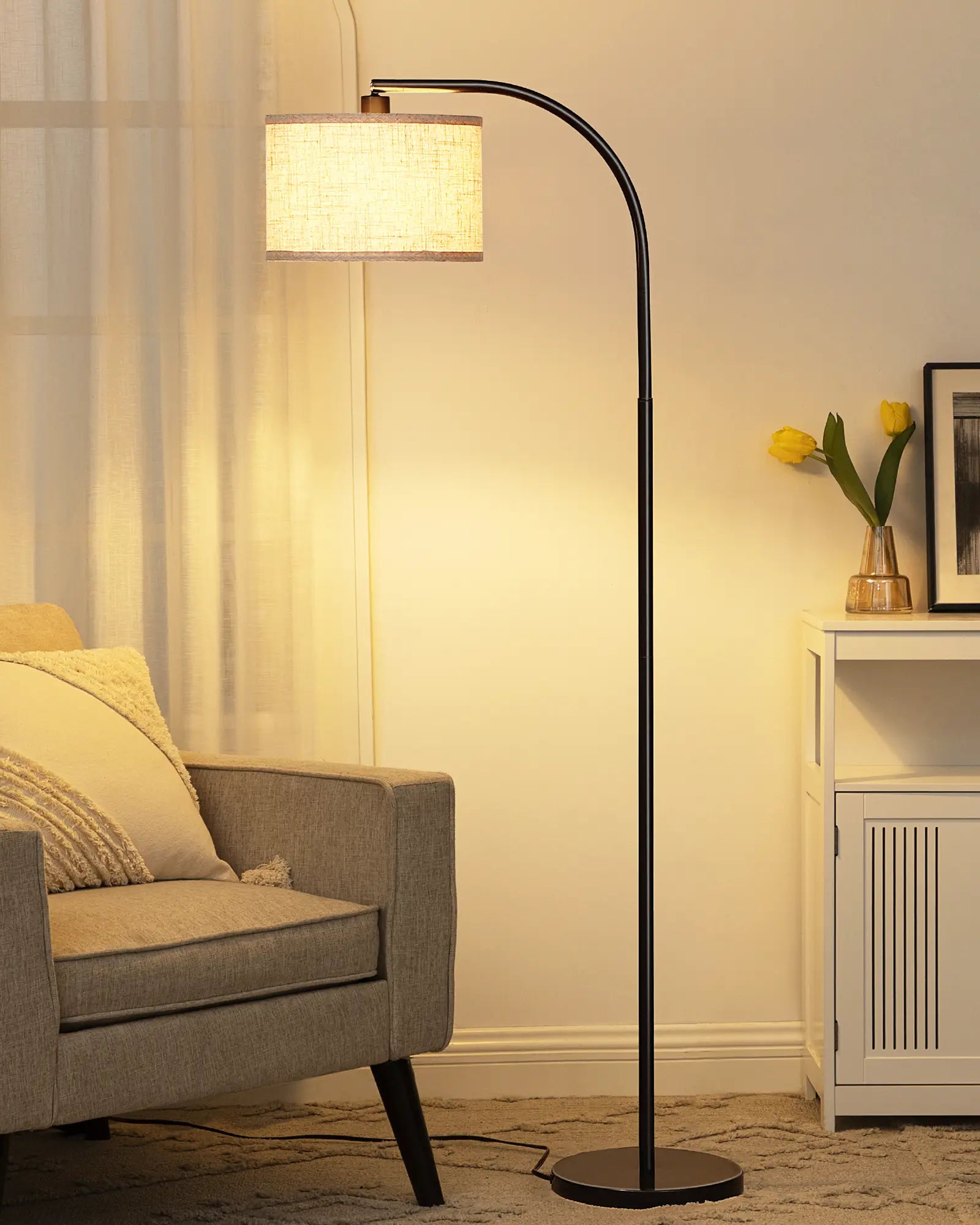 Contemporary Arched Hanging Floor Lamp in a living room setting with a couch and side table.