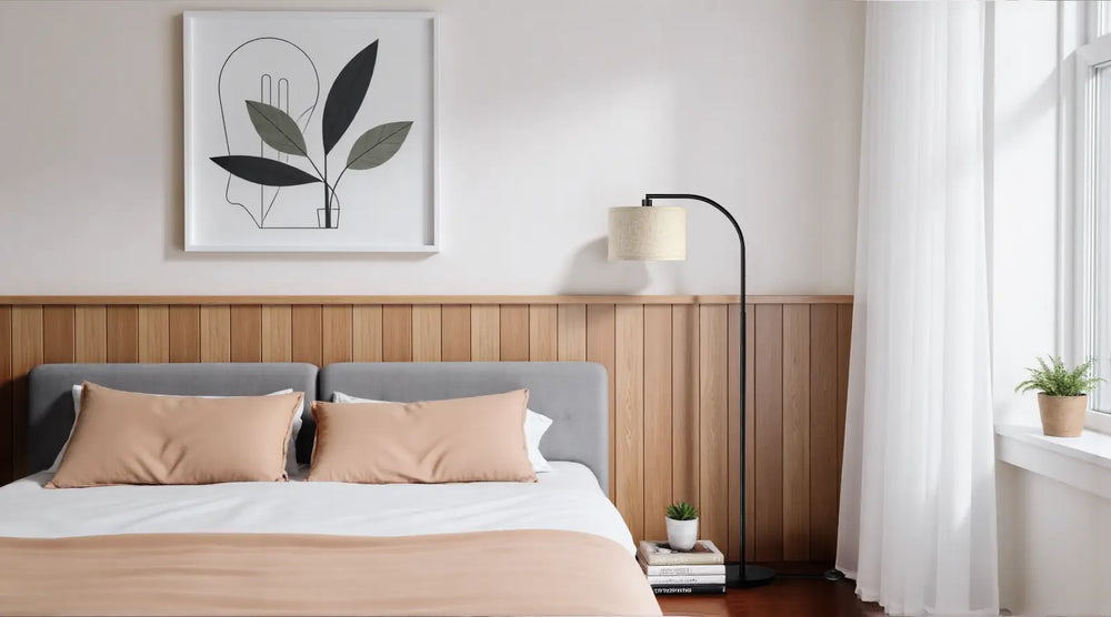 Modern bedroom with a bed and a Arched Hanging Floor Lamp