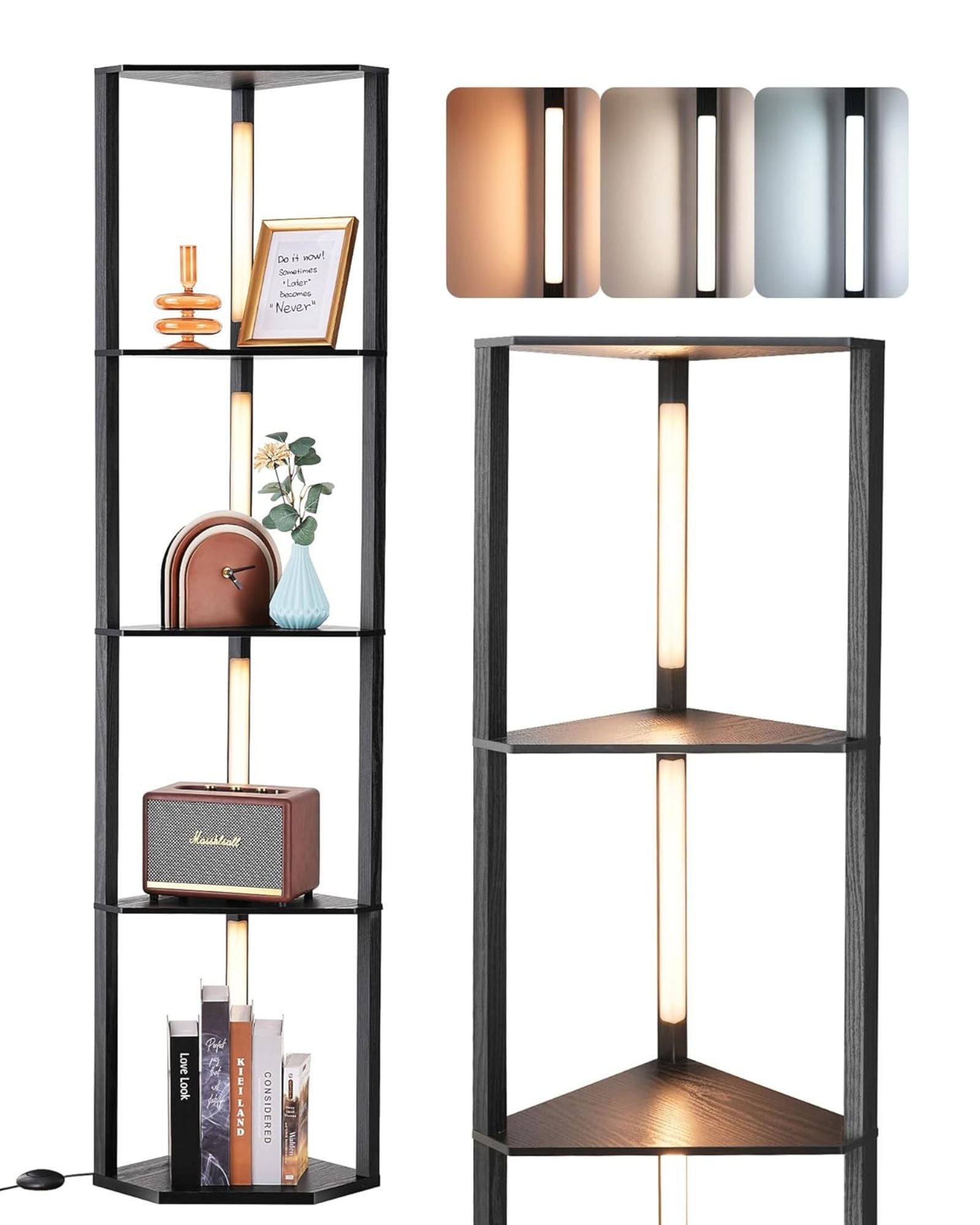 EDISHINE Modern Dimmable LED Corner Shelf Floor Lamp with Shelves