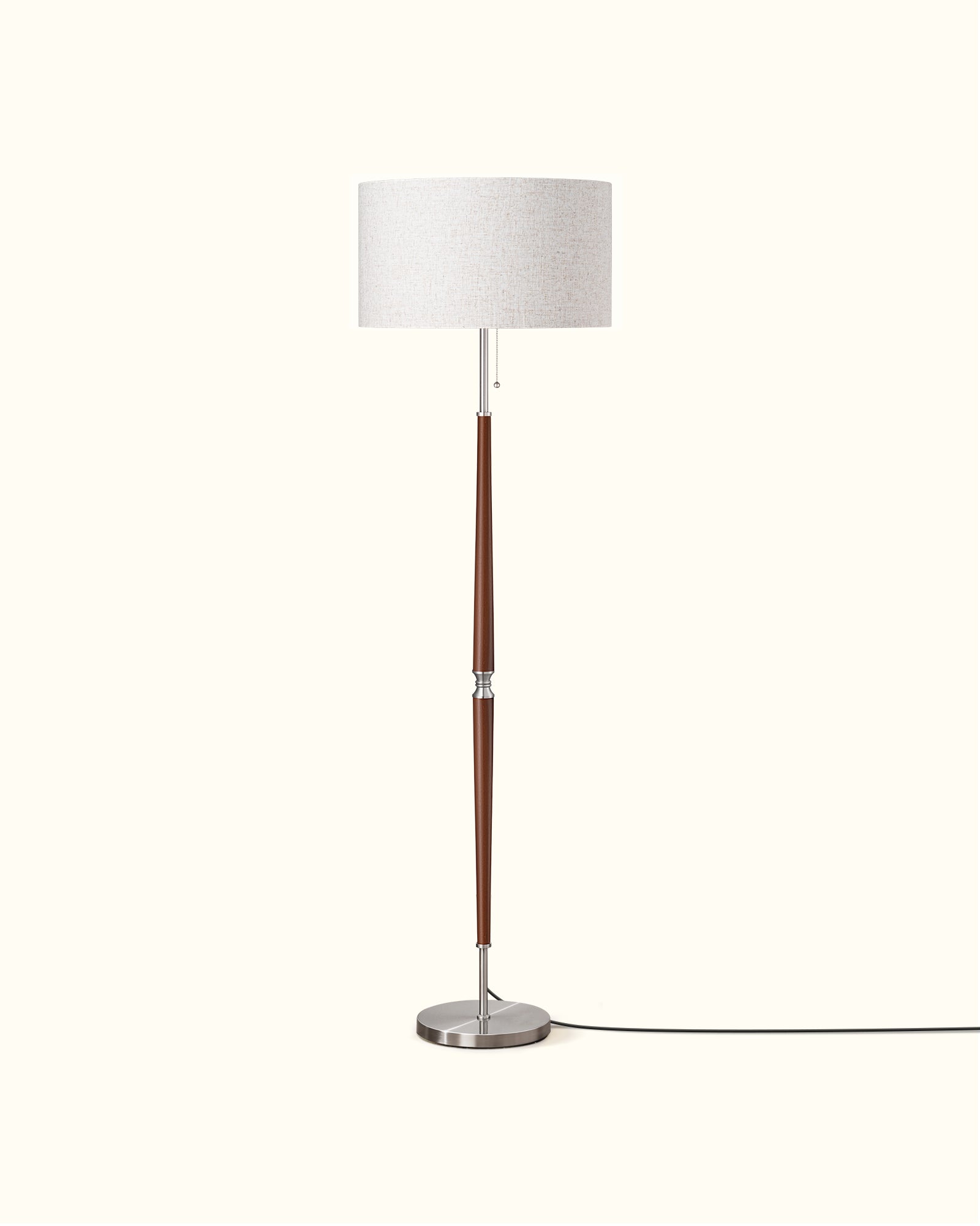 Mid-Century Solid Wood Floor Lamp with Fabric Drum Shade