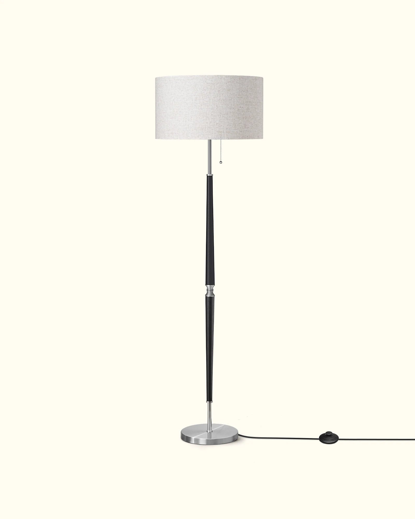 Mid-Century Solid Wood Floor Lamp with Fabric Drum Shade