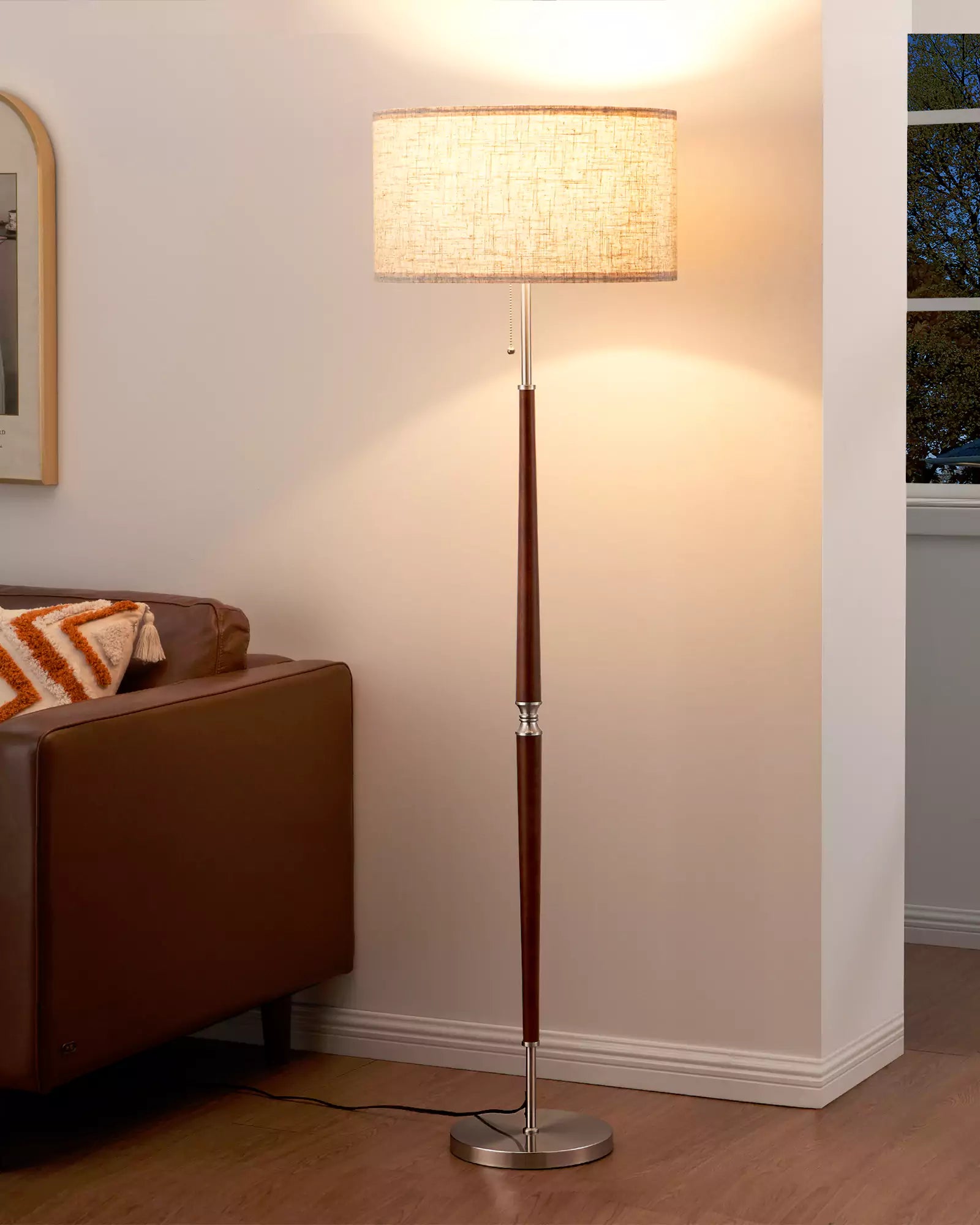 Traditional Classic Solid Wood Floor Lamp with a wooden base and beige shade in a living room setting.