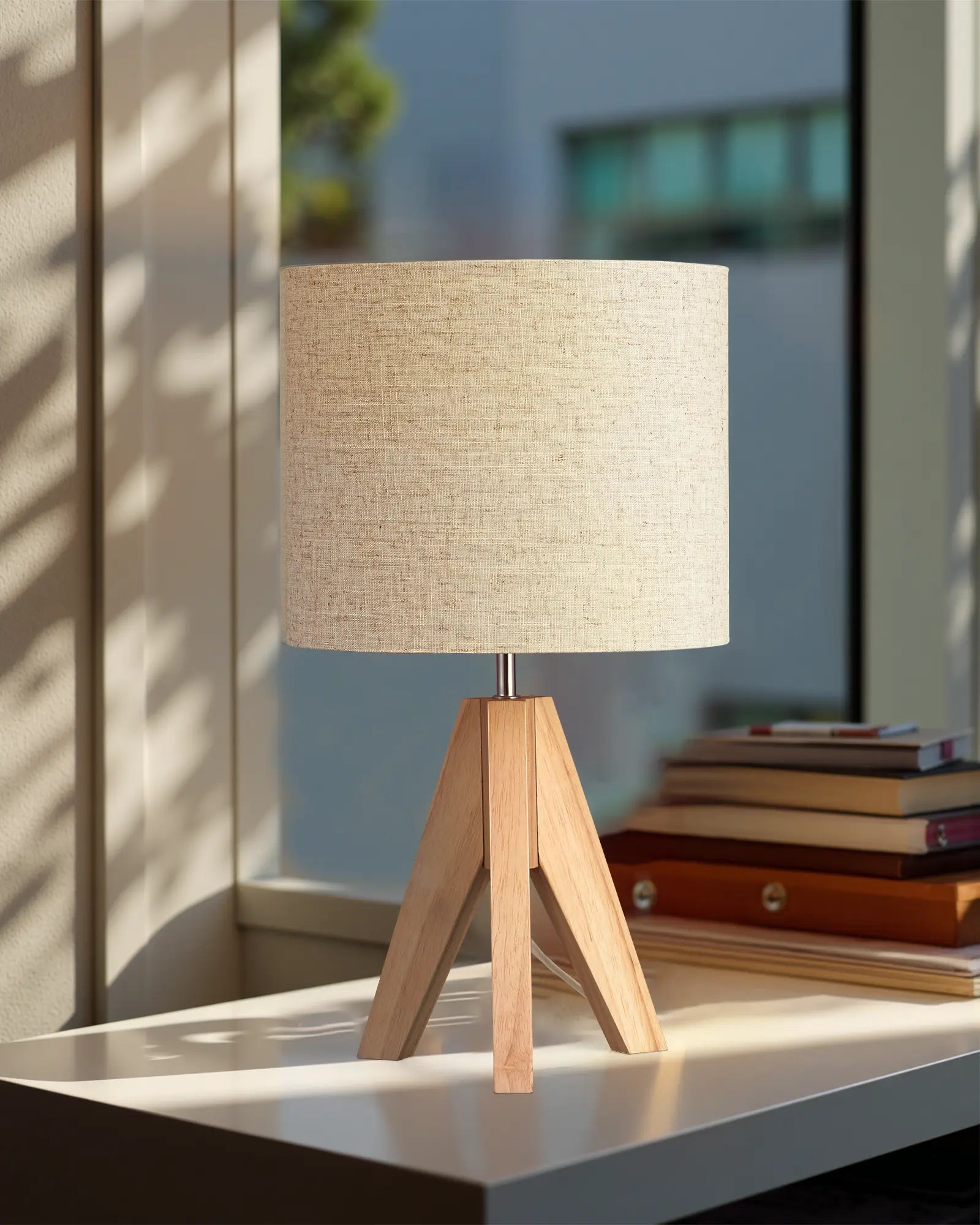 Table lamp with wooden base and beige fabric shade on a surface with books in the background.