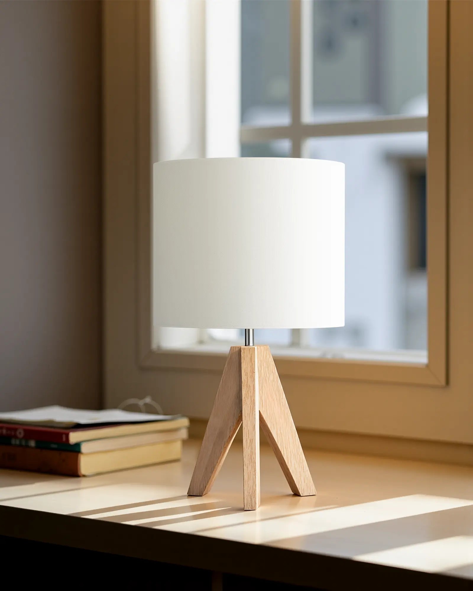 Table lamp with wooden base and white shade on a desk near a window