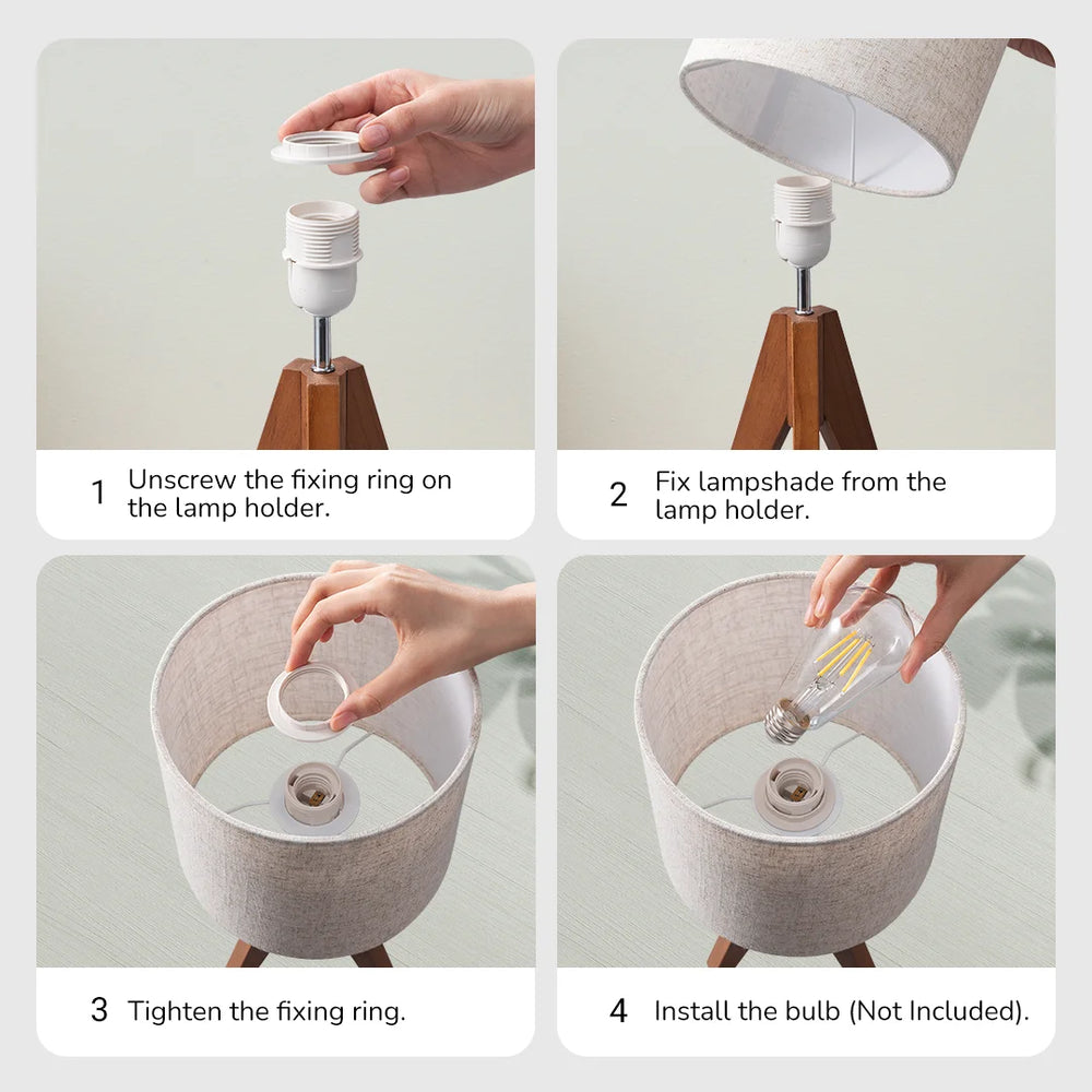 Step-by-step guide on how to assemble a lamp with text instructions.